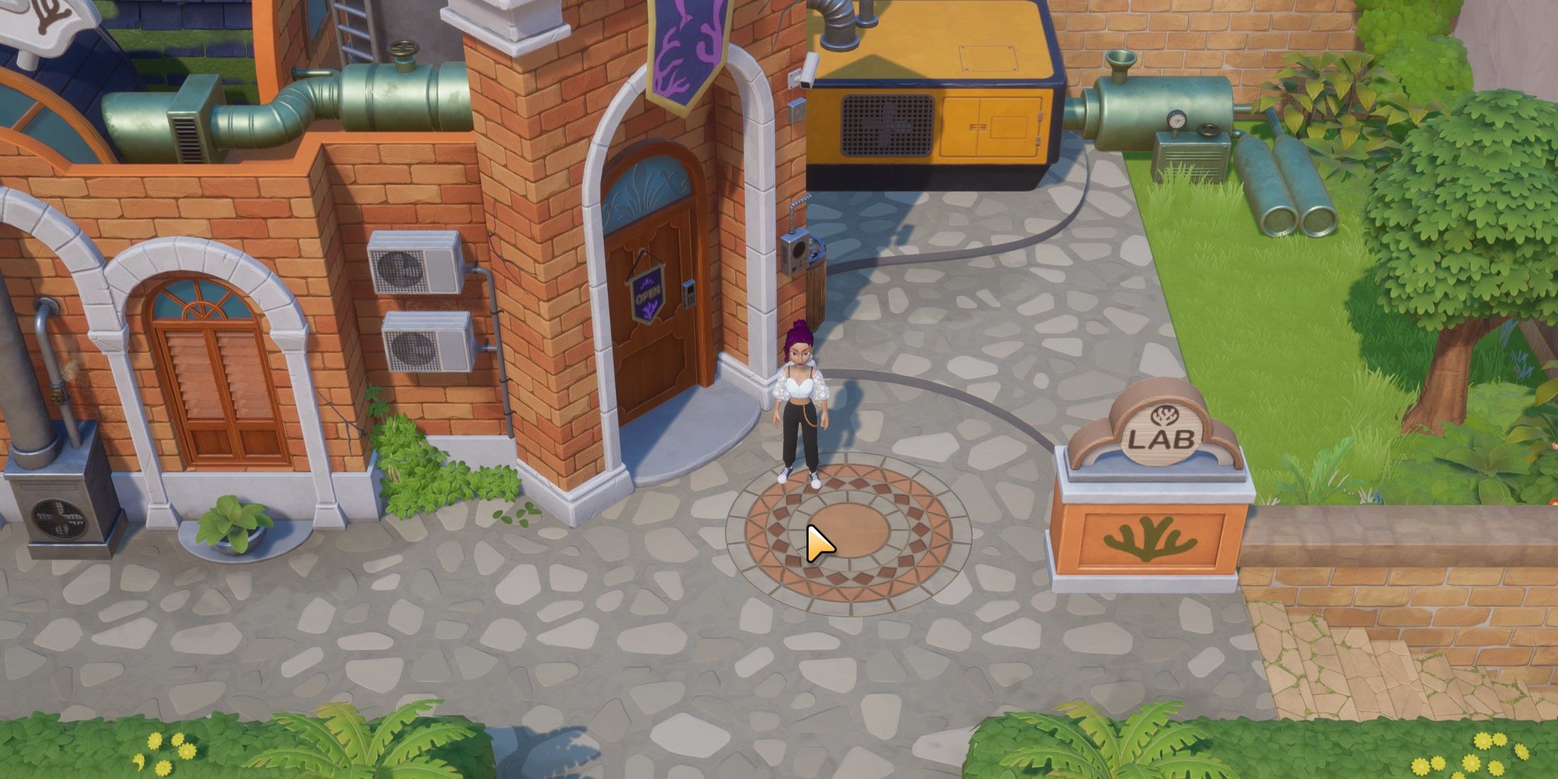 Coral Island: The player character in front of the Lab