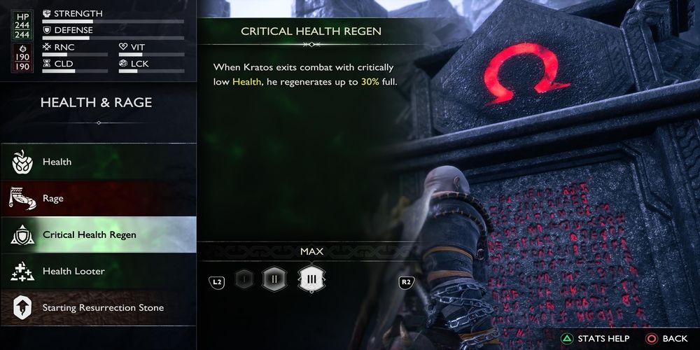 Critical Health Regen Rune description in God of War Ragnarok: Valhalla