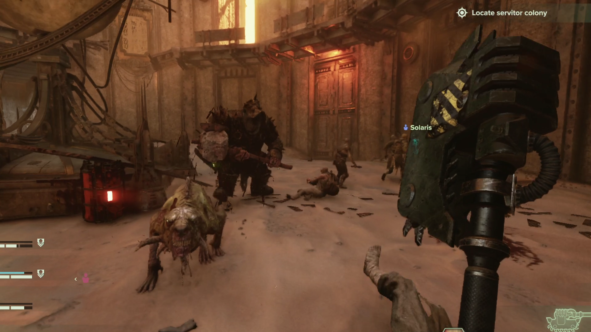 Warhammer 40,000: Darktide - A Crusher Ogryn Elite Marching Into Range