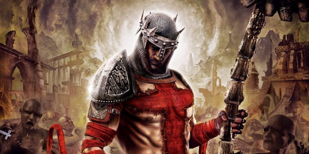 Dante's Inferno cover art featuring protagonist Dante in front of a ruined city.