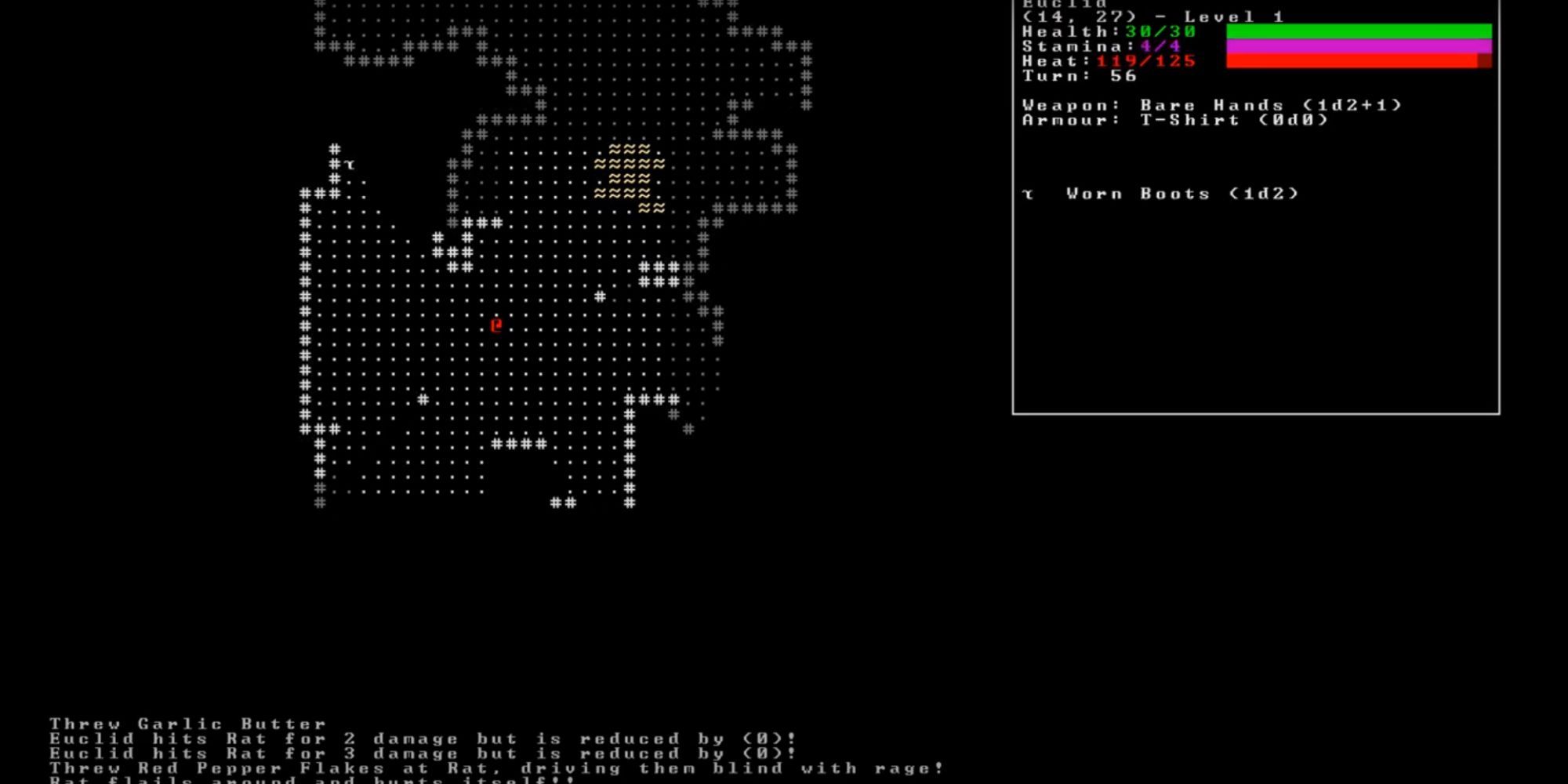 A zoomed out, top-down perspective of a player exploring a dungeon level made of mostly white ASCII assets.