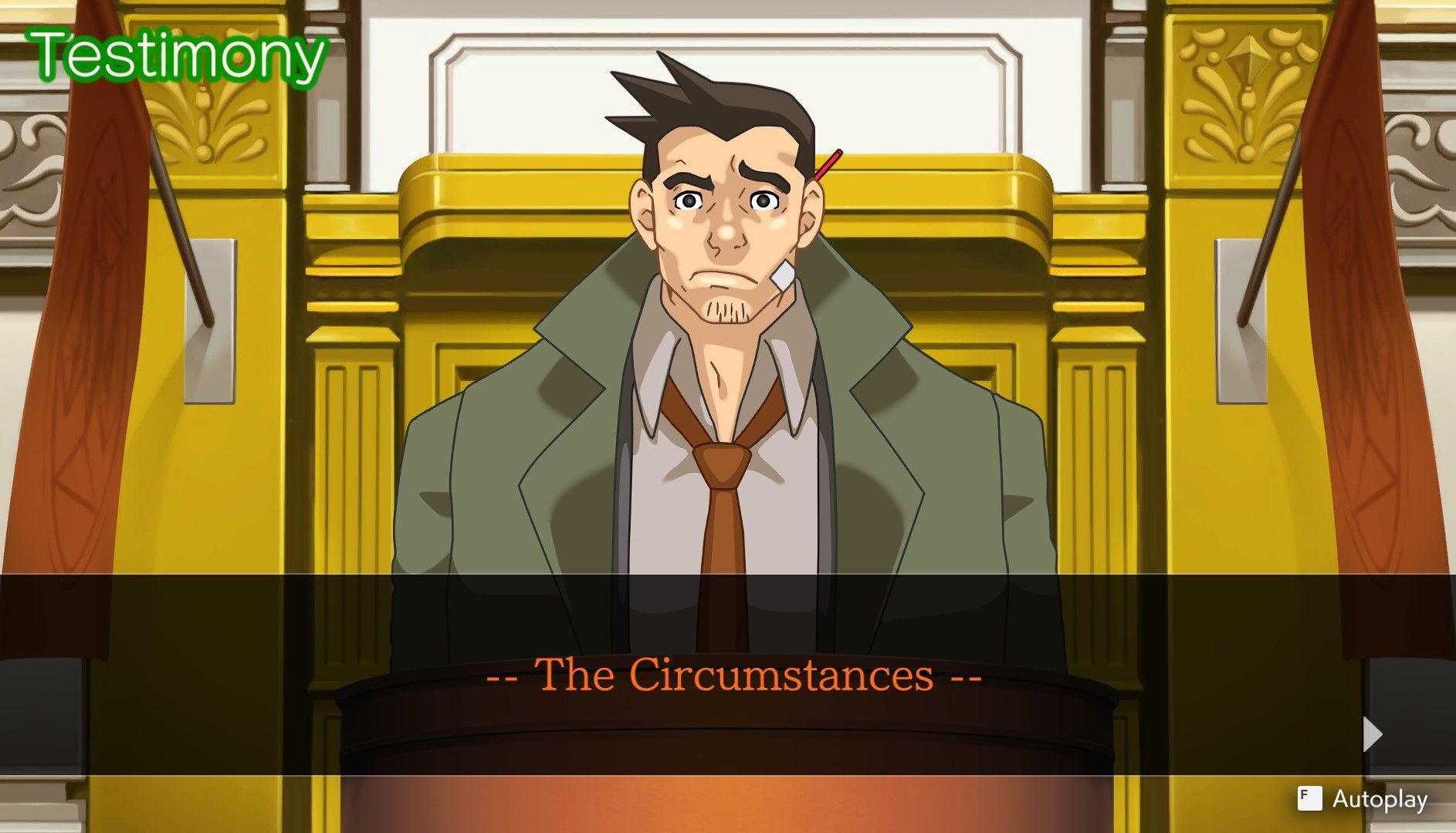 Dick Gumshoe testifying about the circumstances around the murder in Apollo Justice
