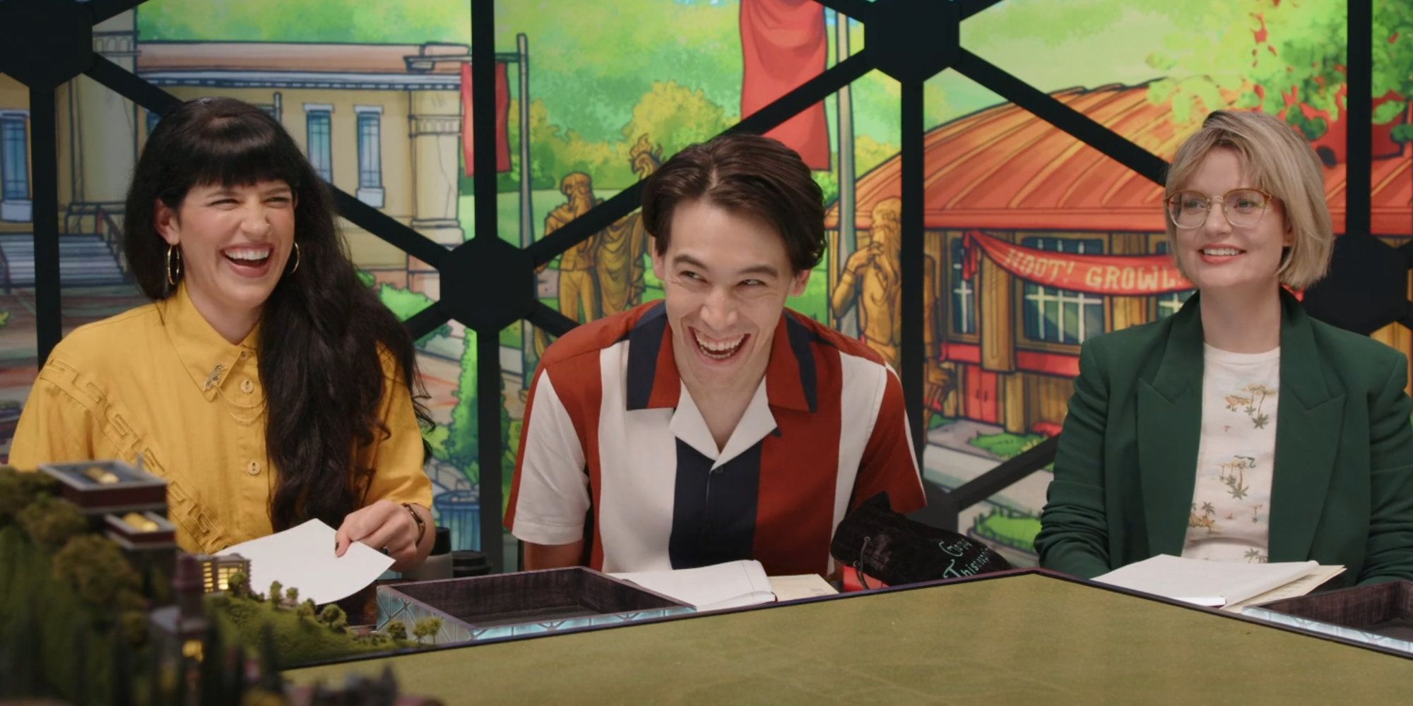Dimension 20 Emily Zac and Siobhan laughing in Fantasy High Junior Year