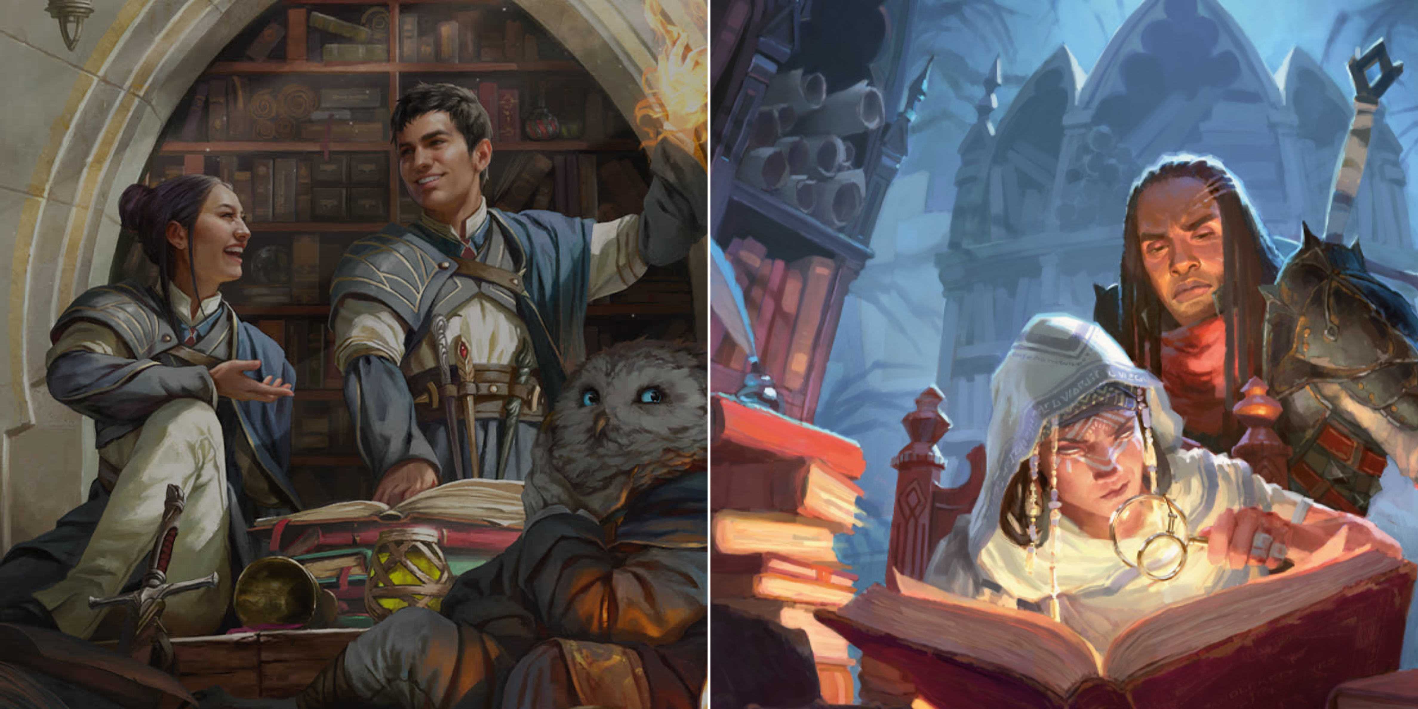Dungeons & Dragons Split image of two characters conversing and two characters reading