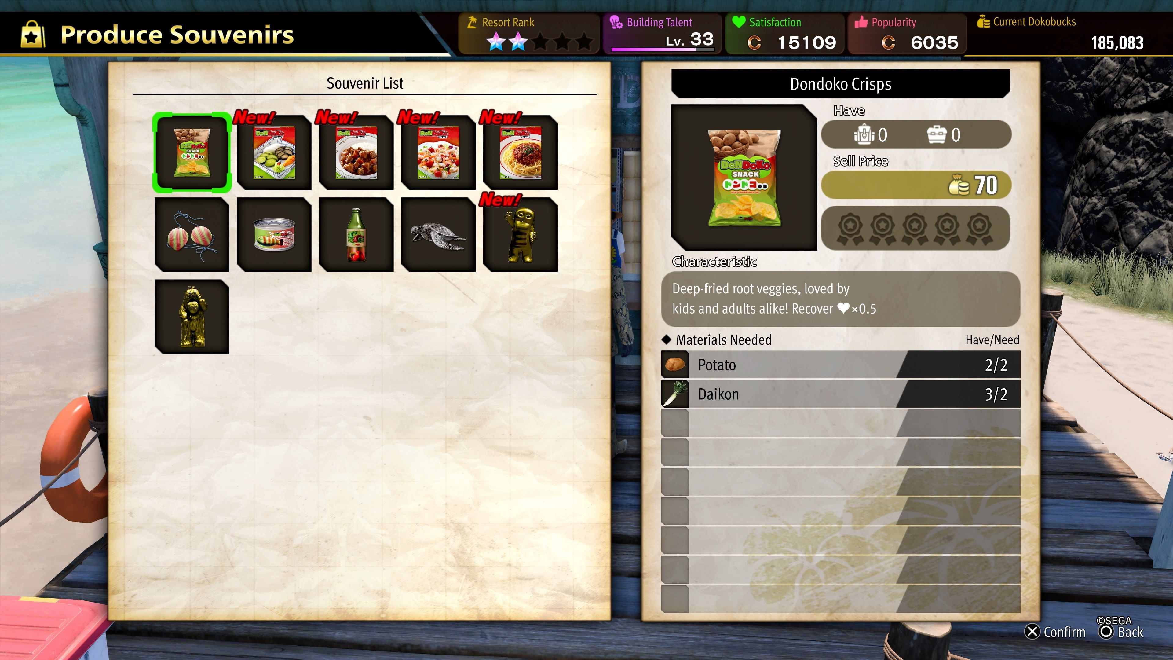 Dondoko Island's Produce Souvenirs menu in Like a Dragon Infinite Wealth.
