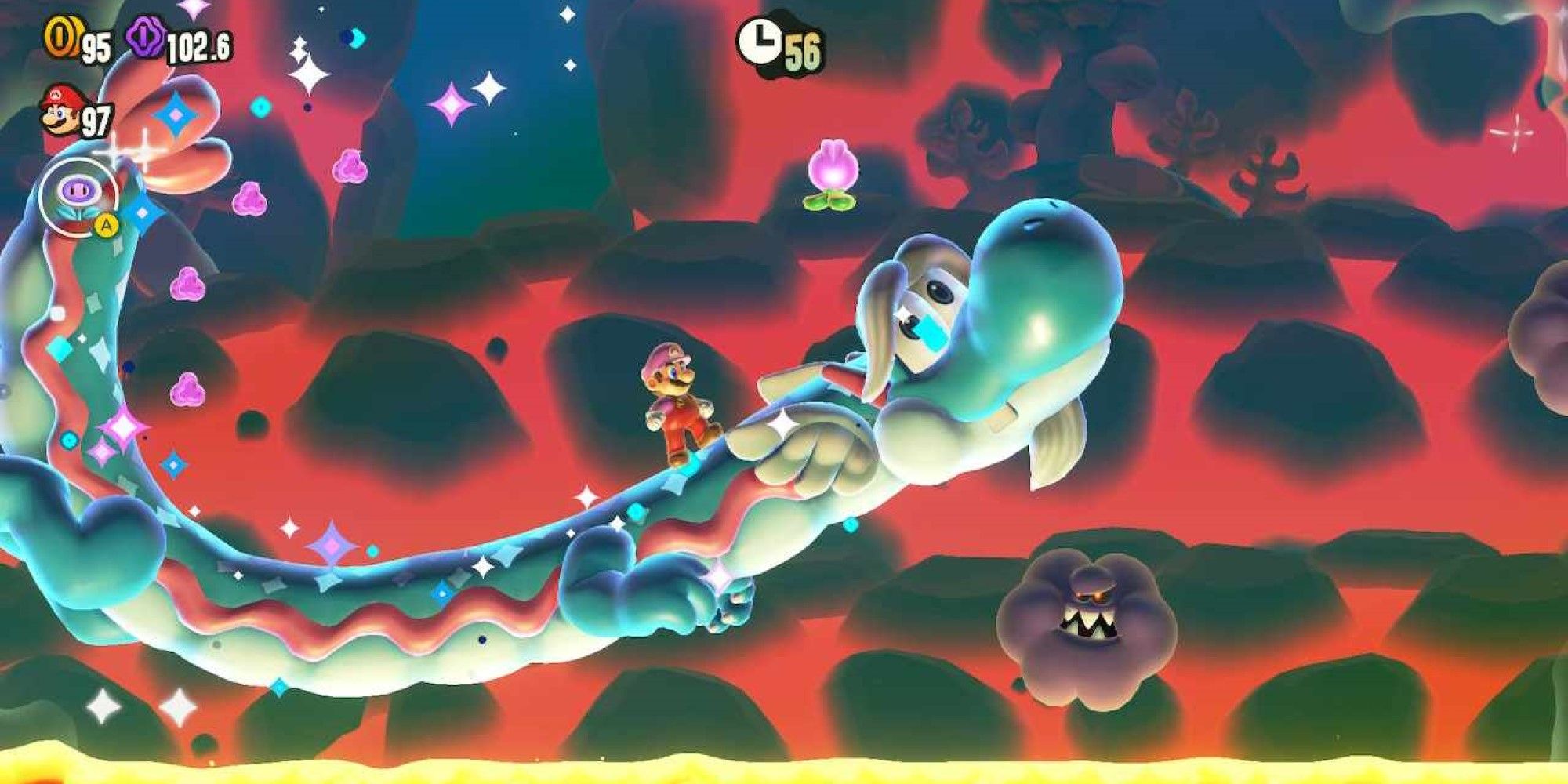 A screenshot of Dragon Boneyard from Super Mario Bros. Wonder