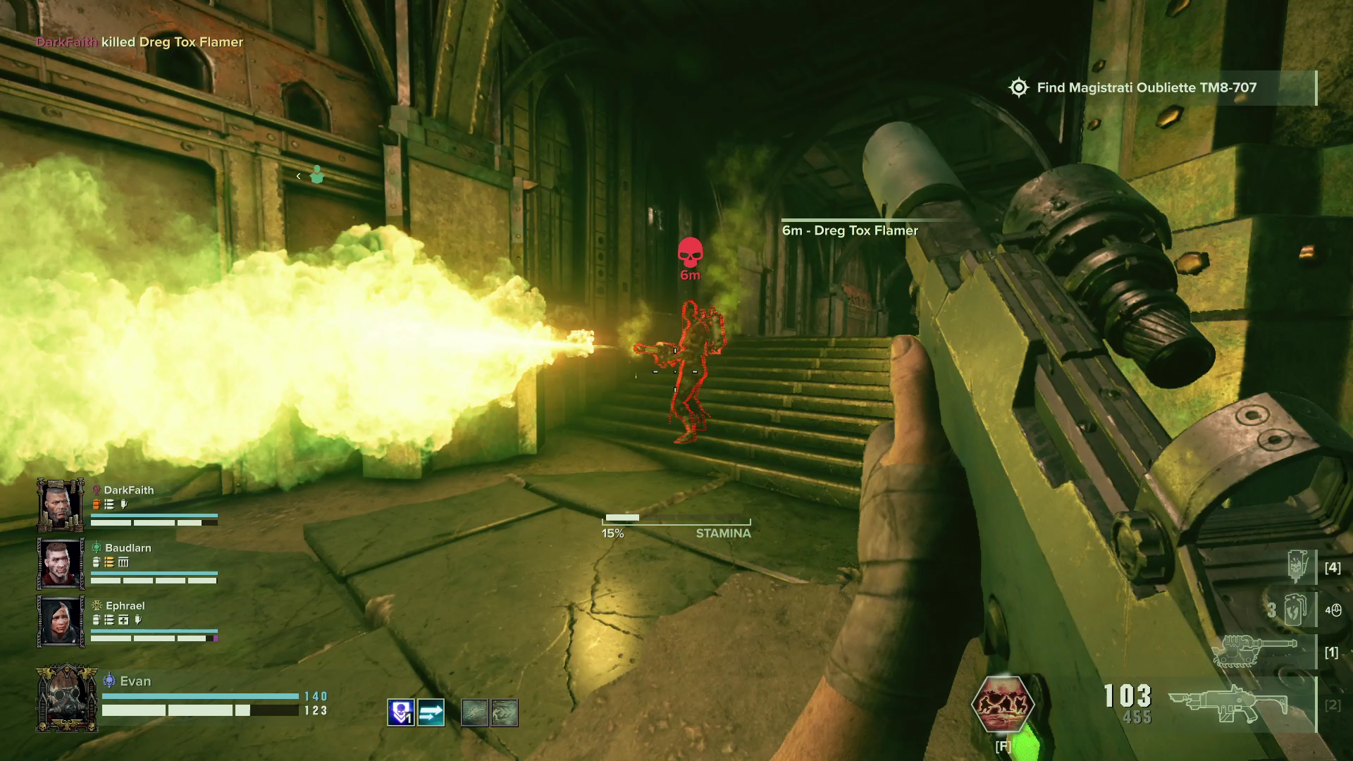 Warhammer 40,000: Darktide - The Dreg Tox Flamer Releasing A Noxious Torrent