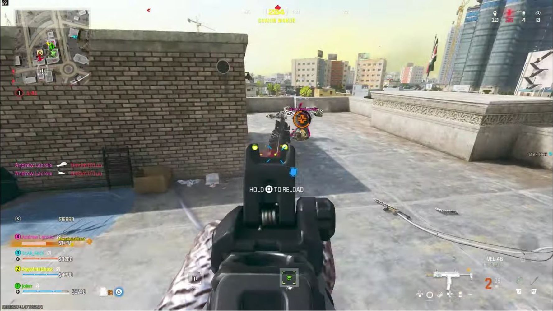 SMG shooting at an enemy from the back on a roof in Call of Duty Warzone