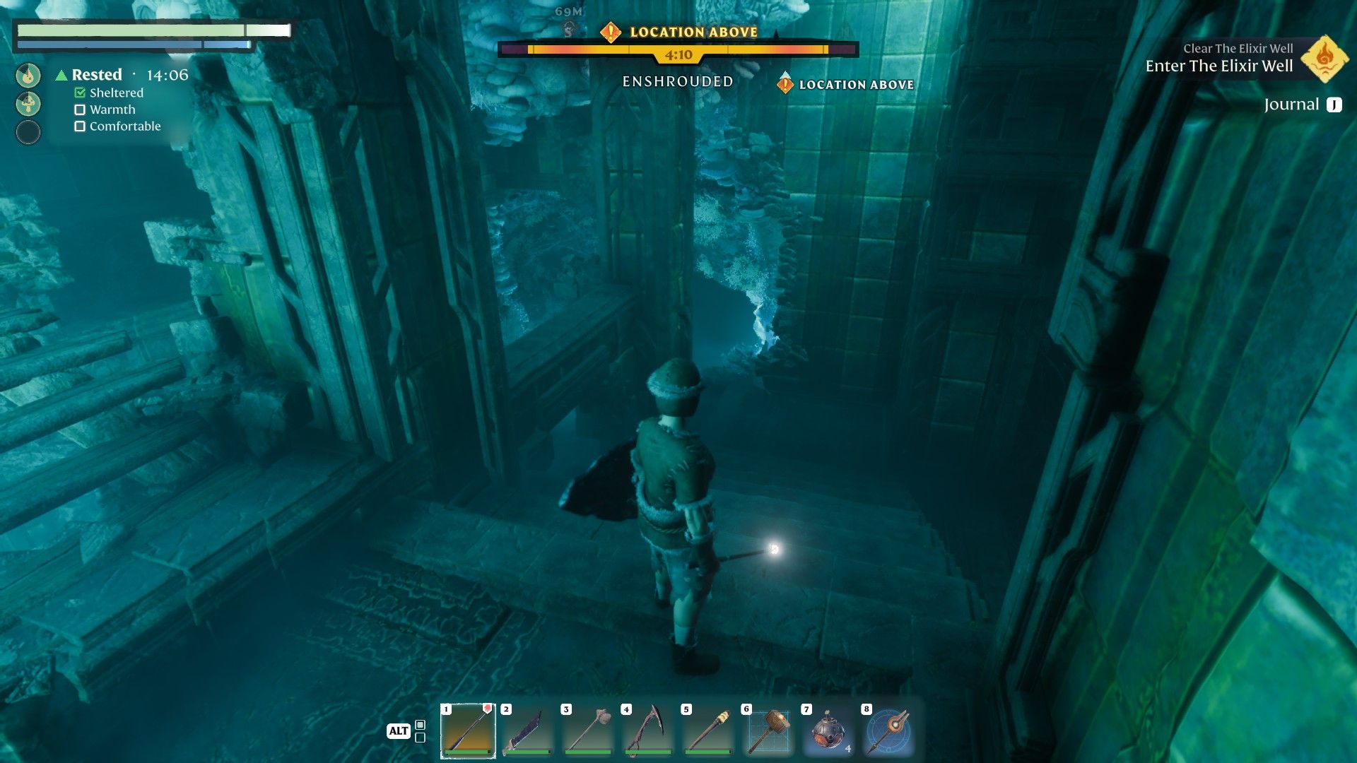 enshrouded player entering elixir well via stairway