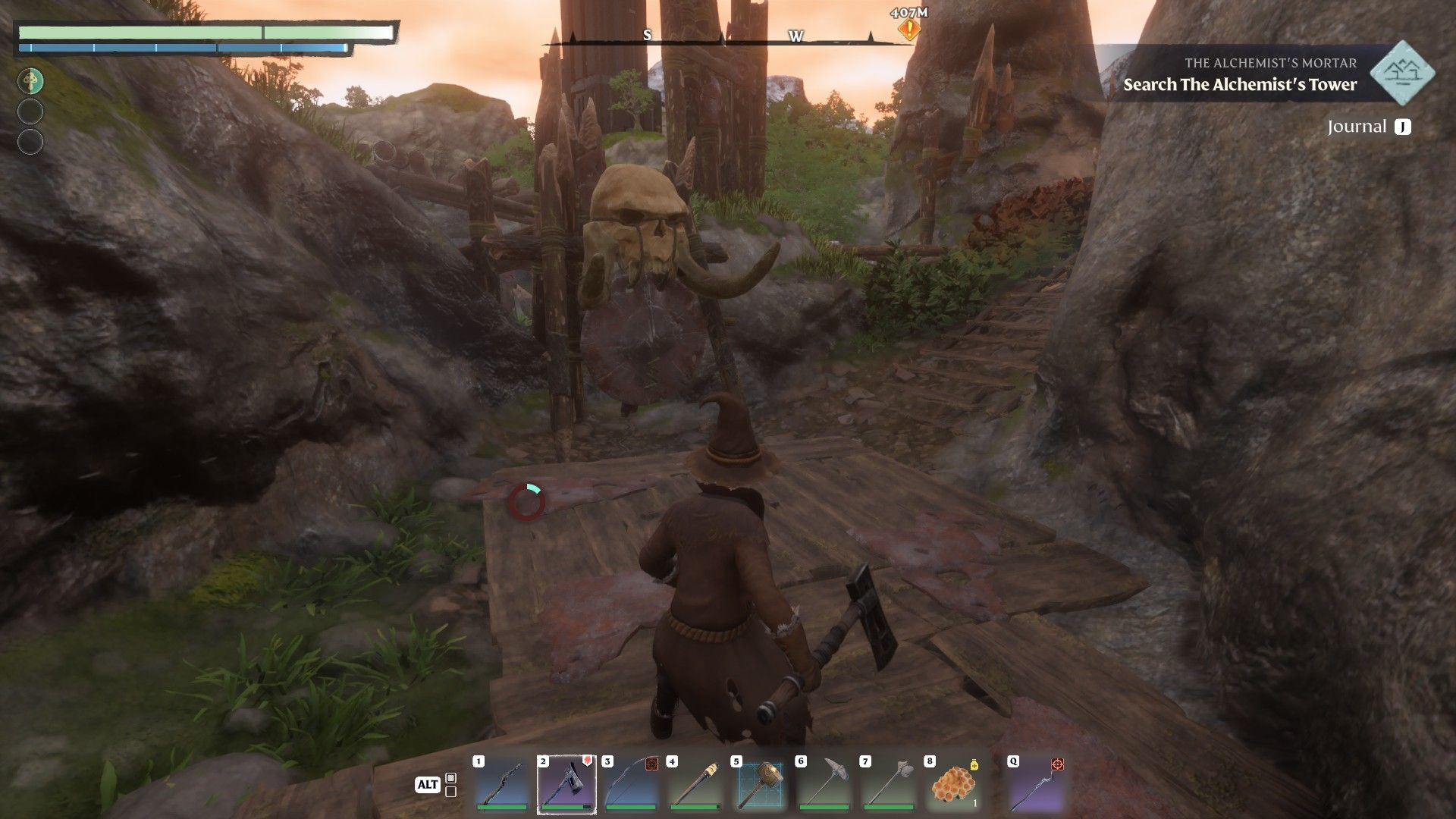 enshrouded player standing near mammoth skull in hill of scavengers