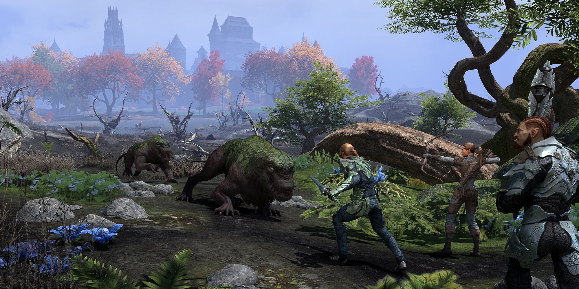 ESO Gold Road screenshot of adventurers fighting animals outside of Skingrad as they exit a swarming jungle