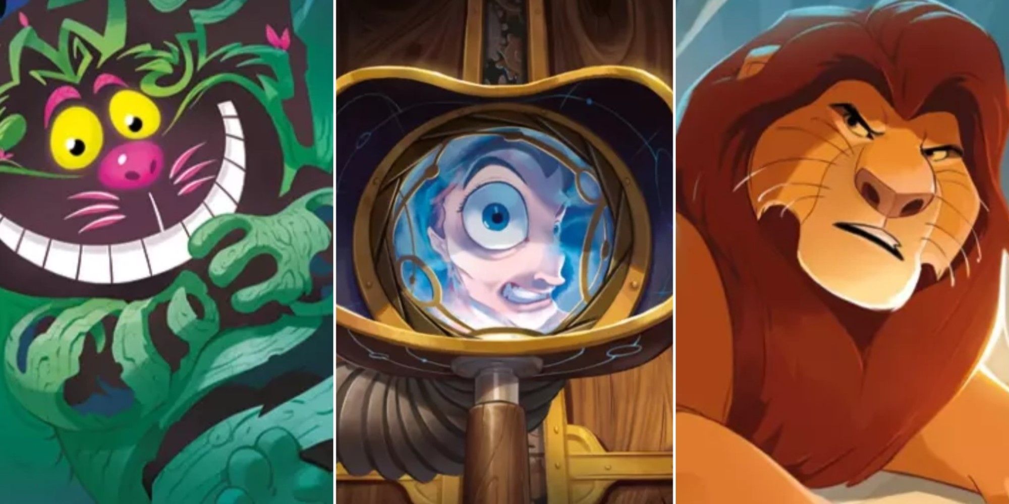 Artwork from three different Disney Lorcana cards from the Rise of the Floodborn expansion