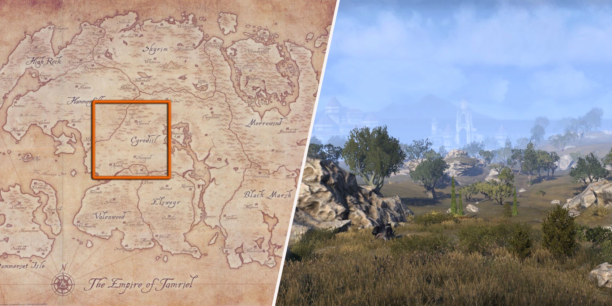 Left, a map of Tamriel showing the Colovian region. Right, the Colovian Highlands.