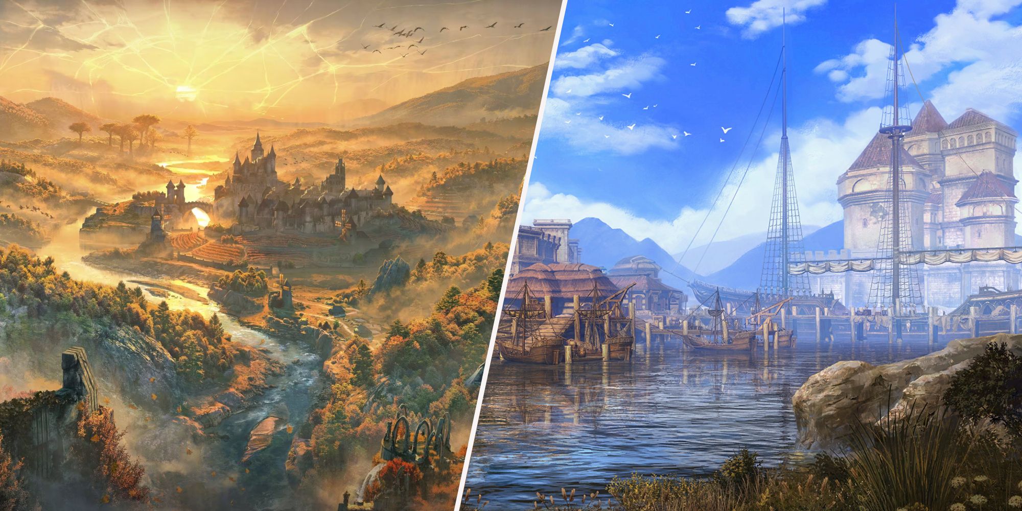 Left, a sunset over the Gold Road out of Cyrodiil. Right, a port city.