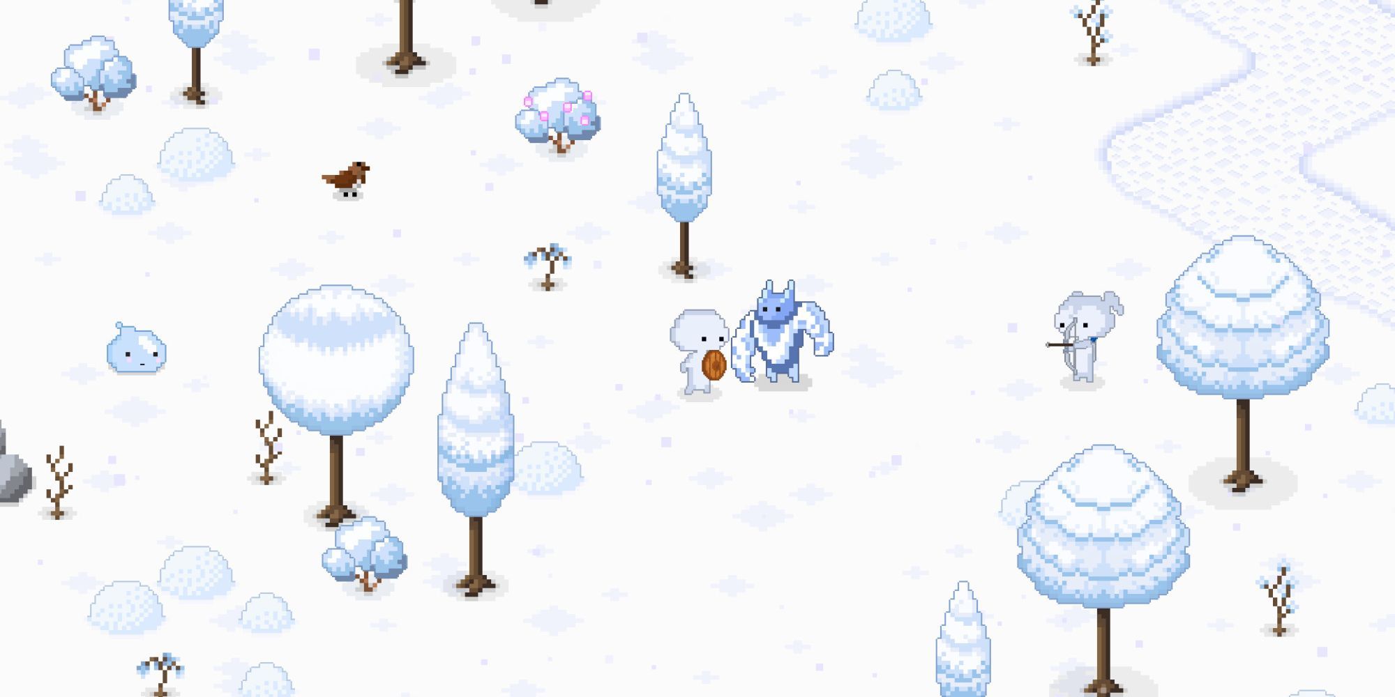 A cute, pixel art style showing a player fight some kind of snow monster in a wintery forest.
