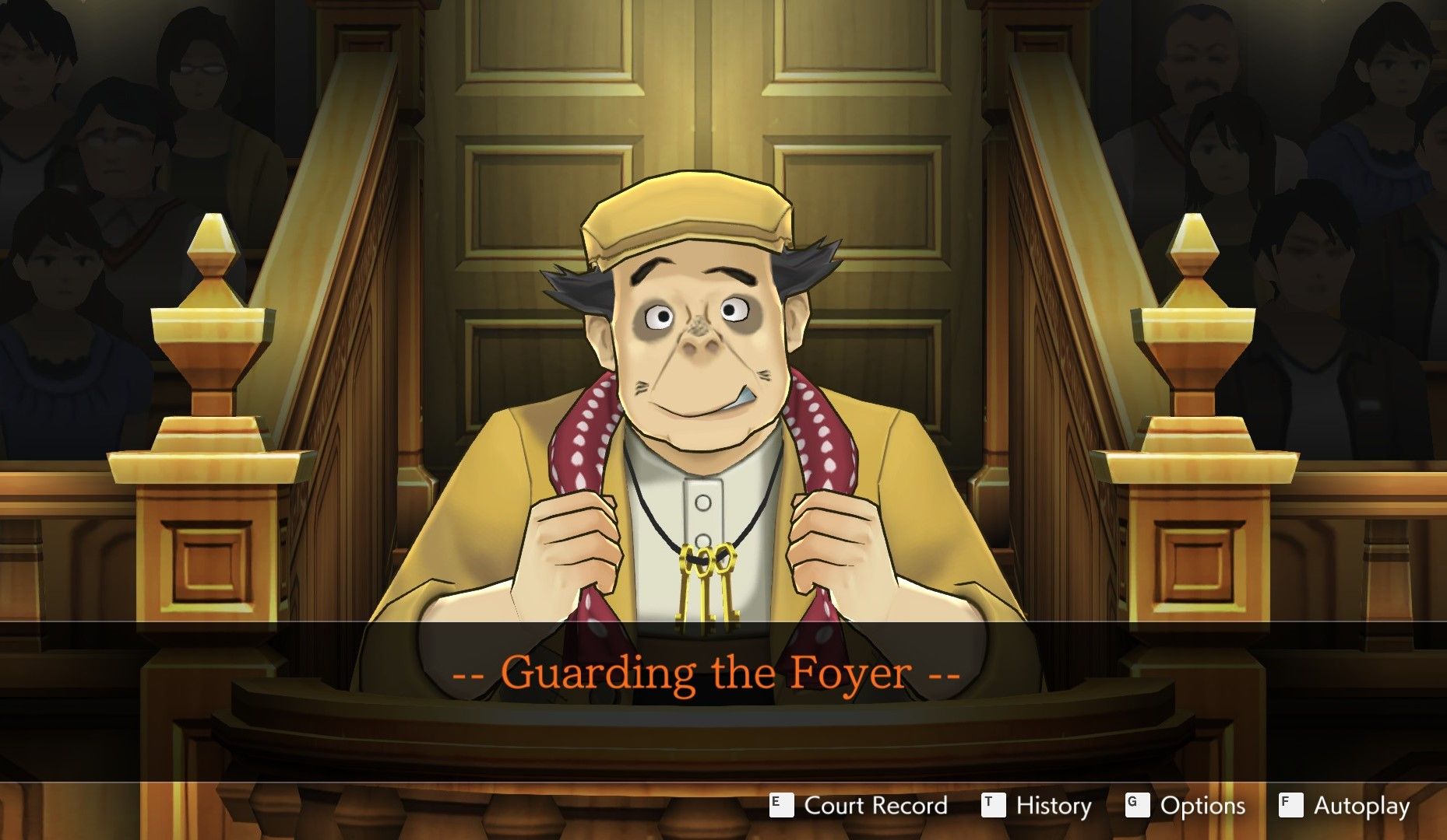 Filch testifying about guarding the foyer in Dual Destinies
