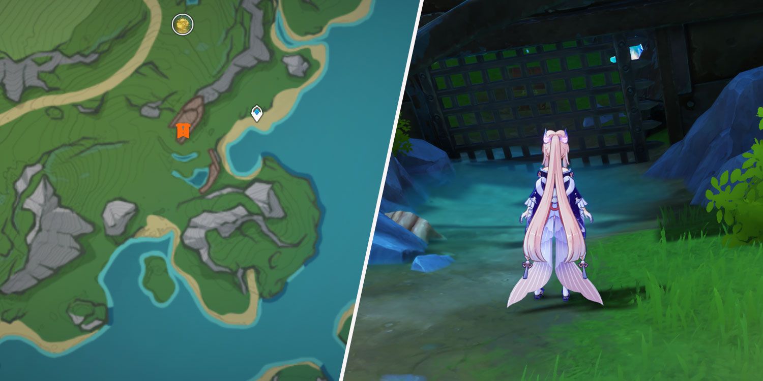 An image split in two showing a map a part of the Erinnyes Forest in Genshin Impact and a shot of Sangonomiya Kokomi standing in front of a locked gate.