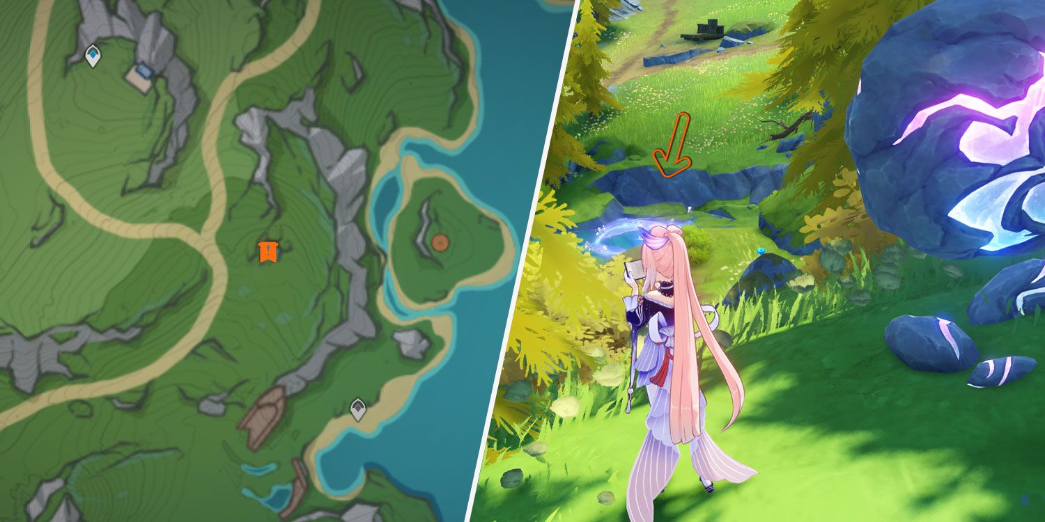 An image split in two showing a map a part of the Erinnyes Forest in Genshin Impact and a shot of Sangonomiya Kokomi standing next to a Potential Energy Orb mechanism.