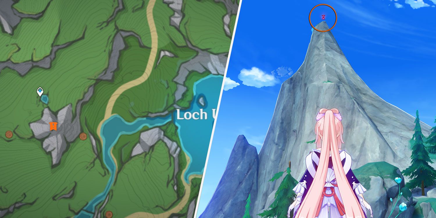 An image split in two showing a map a part of the Erinnyes Forest in Genshin Impact and a shot of Sangonomiya Kokomi standing before a hill with a time-trial mechanism on top.
