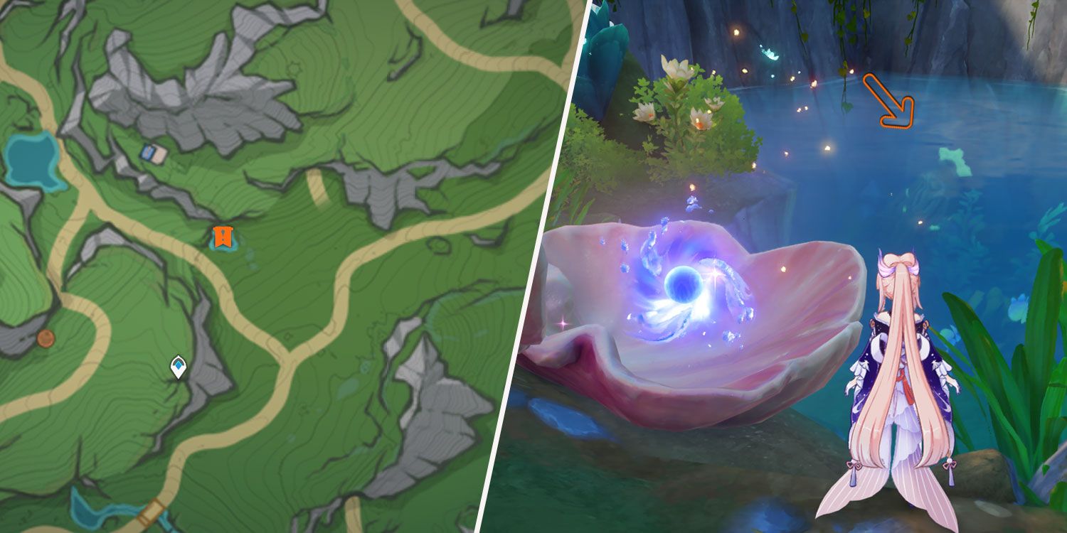 An image split in two showing a map a part of the Erinnyes Forest in Genshin Impact and a shot of Sangonomiya Kokomi standing next to a Huge Shell.