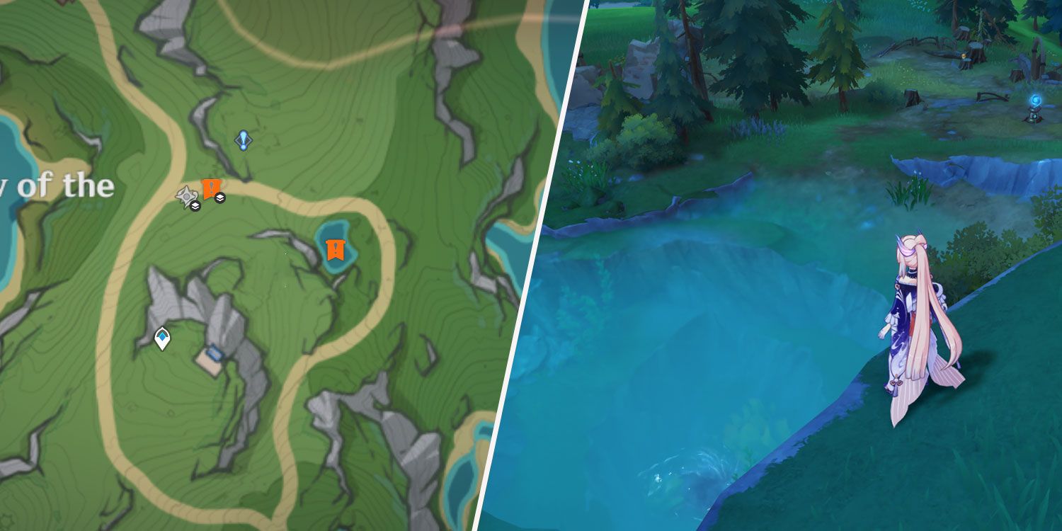 An image split in two showing a map a part of the Erinnyes Forest in Genshin Impact and a shot of Sangonomiya Kokomi standing before a small pool.