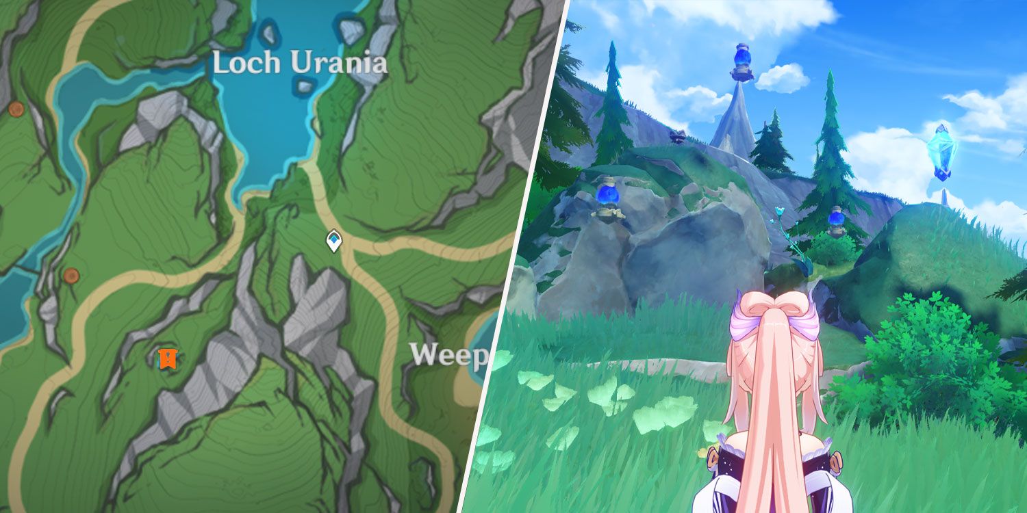 An image split in two showing a map a part of the Erinnyes Forest in Genshin Impact and a shot of Sangonomiya Kokomi standing before a small pool with a puzzle.