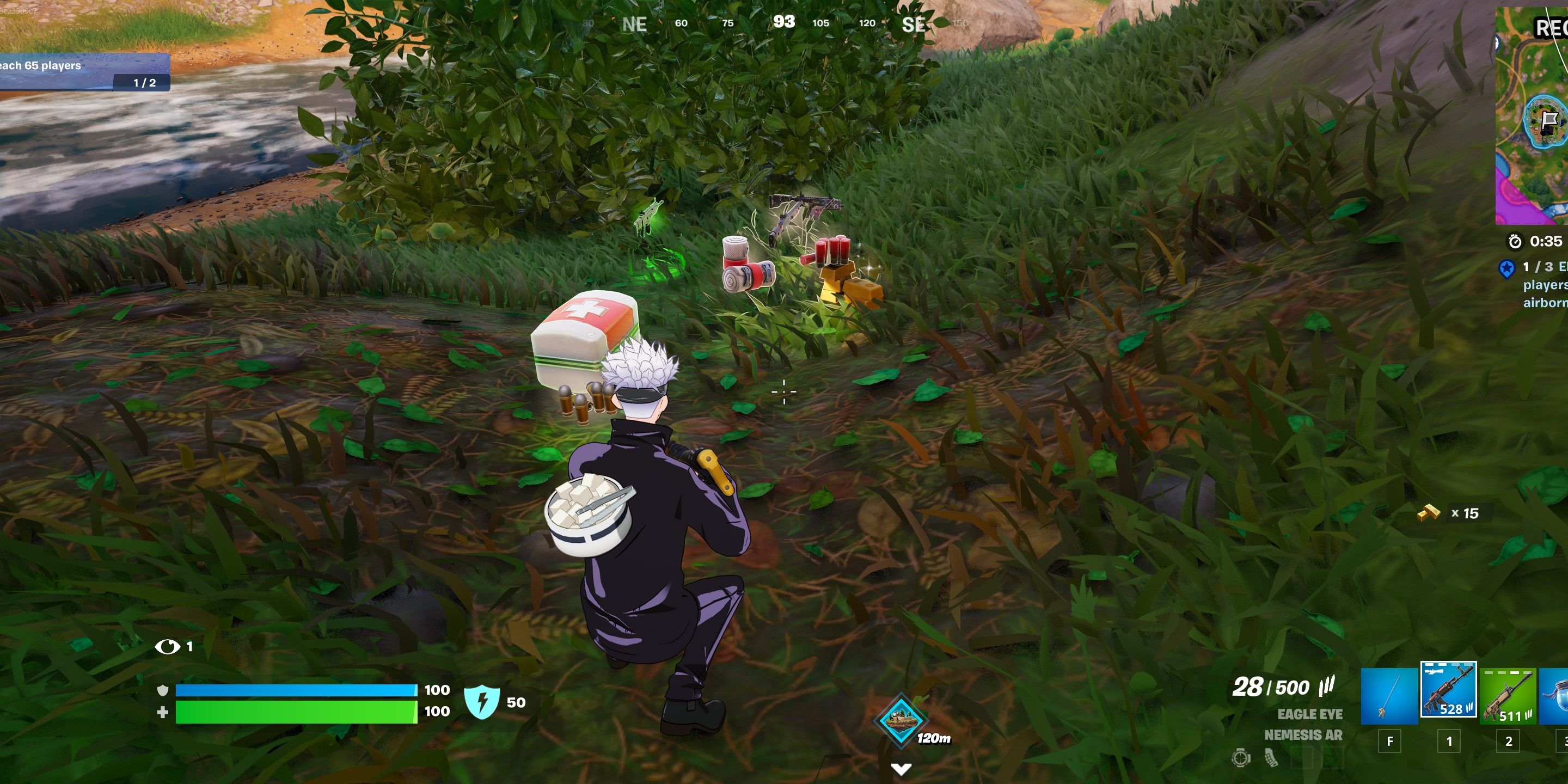 fortnite character dressed as jjk character stares at a pile of loot by a bush after defeating an opponent