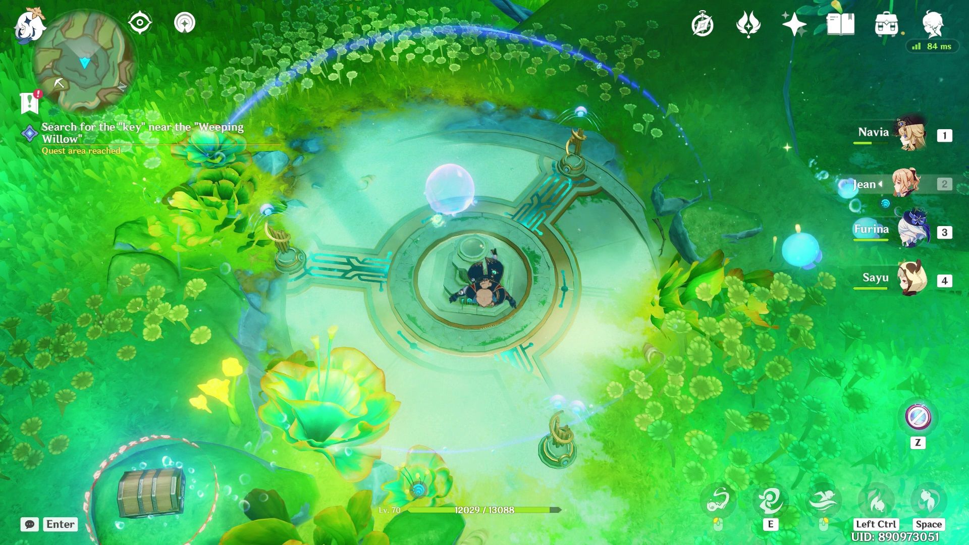 Jean using Xenochromatic Ball Octopus skills to move the Dew Bubble closer to the single rune Harmonious Reed Pipe while underwater.