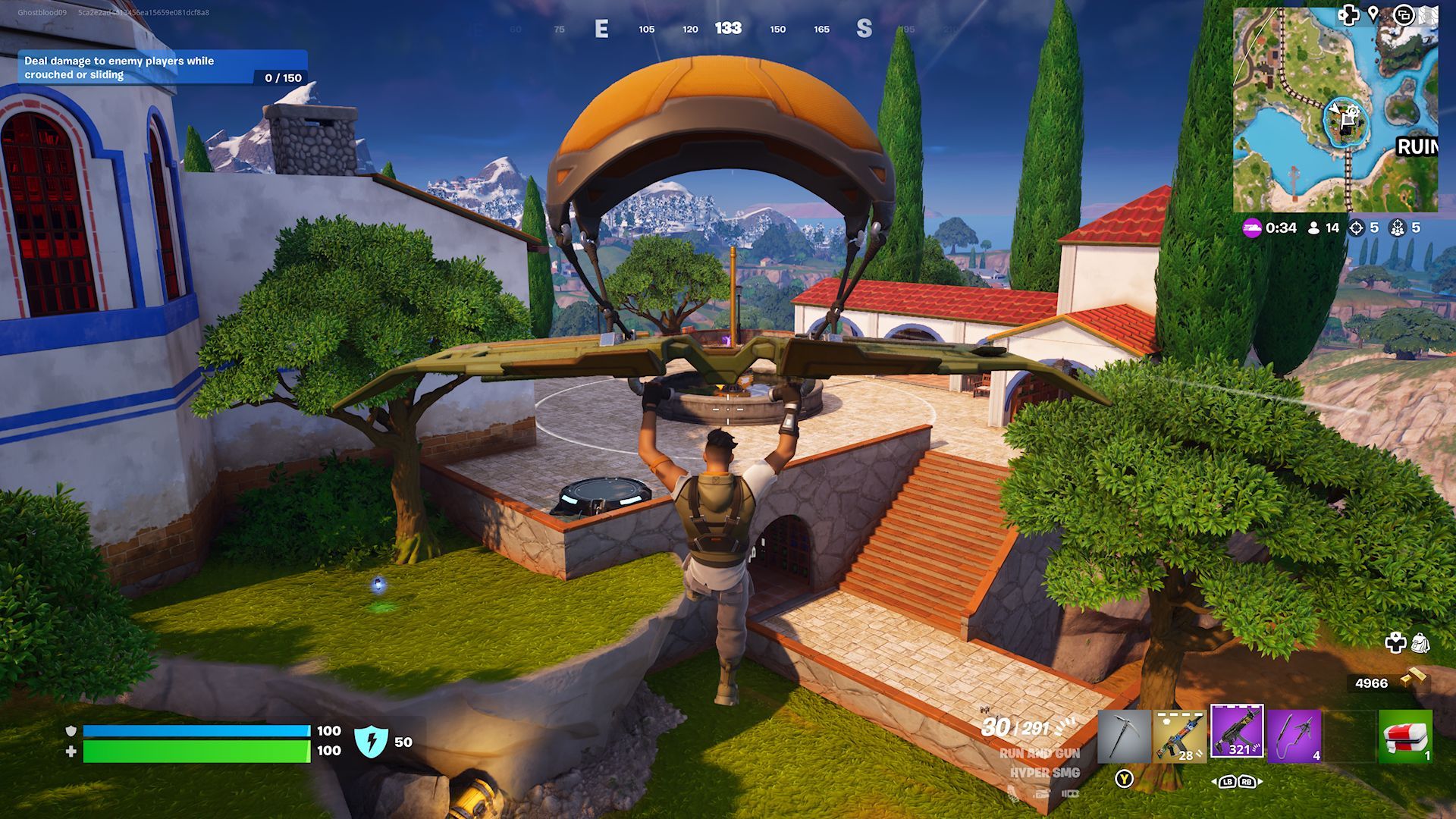 A player using a rift to glide towards the top of a Loot Island in Fortnite.