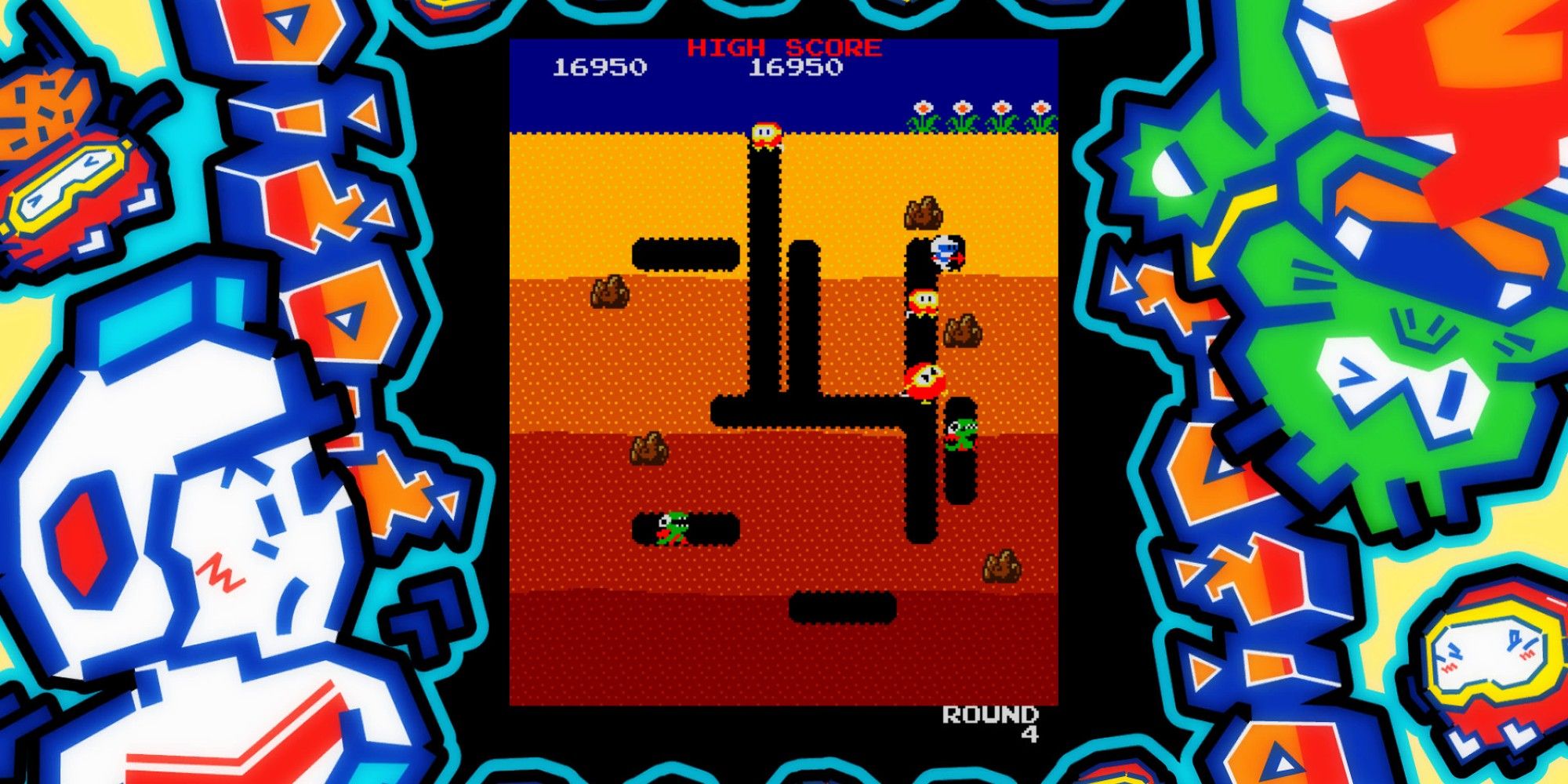 A game of Dig Dug surrounded by a border of official artwork.
