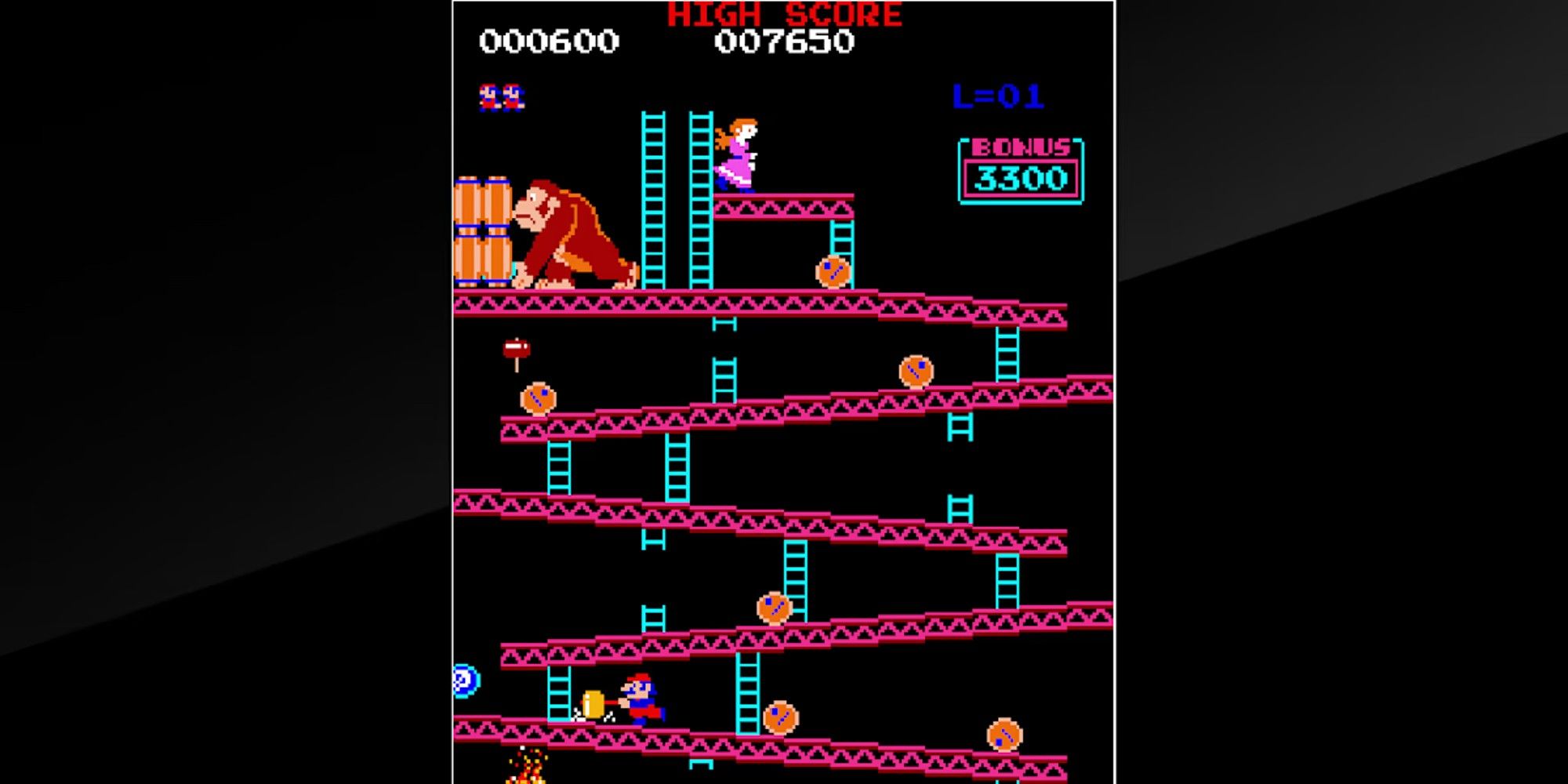 Donkey Kong throwing barrels down at Mario.