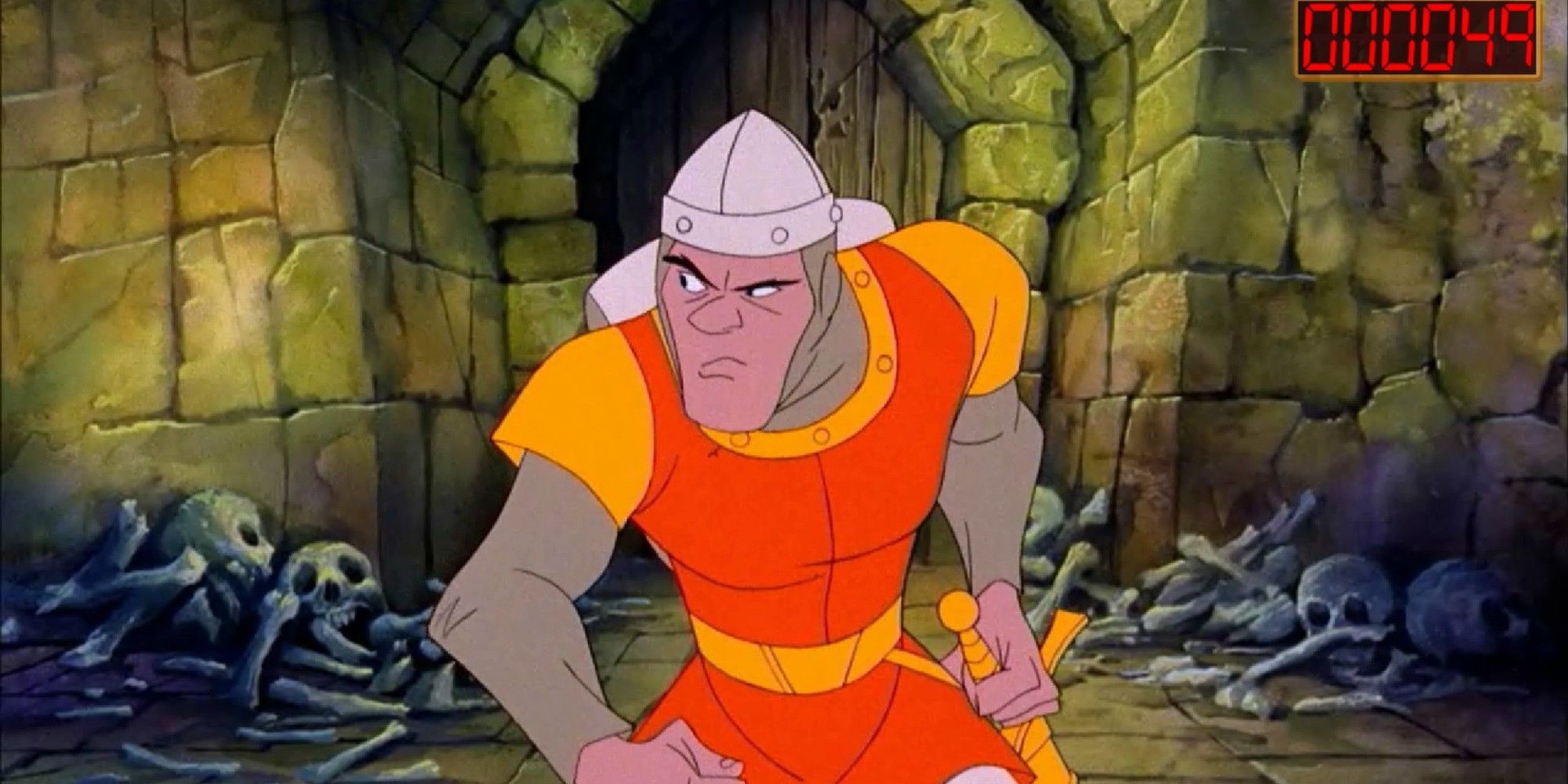 Dirk standing in a dungeon room filled with bones.