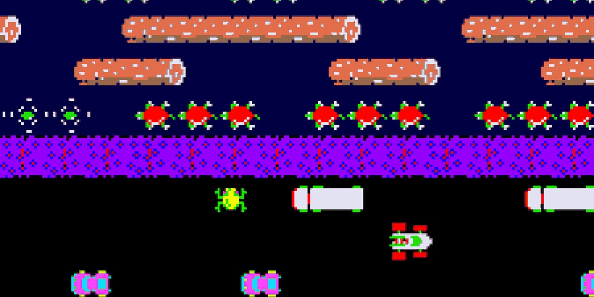 Frogger on the road next to a car, about to enter the river.