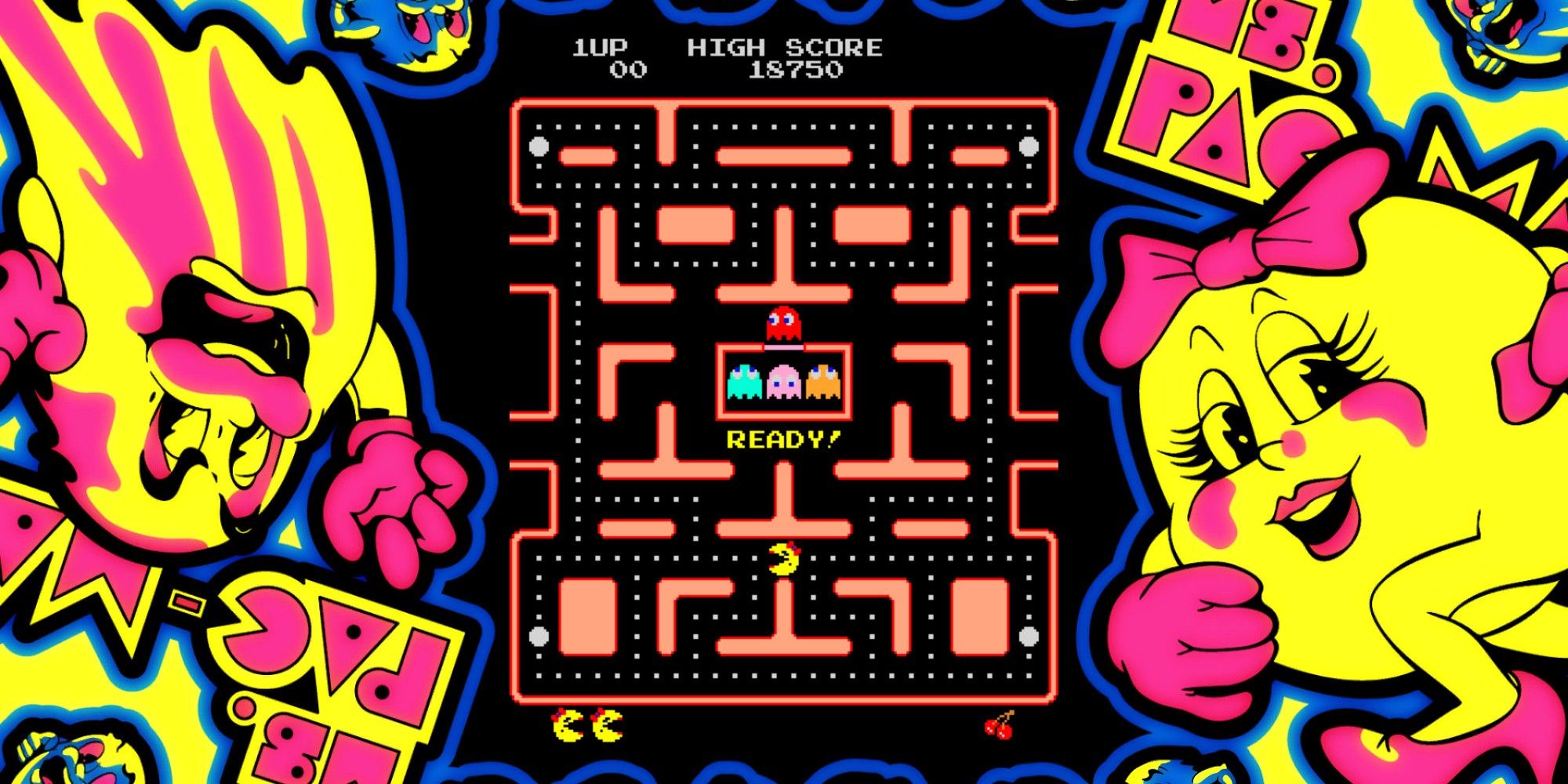 Game of Ms.Pac-Man bordered by official artwork.