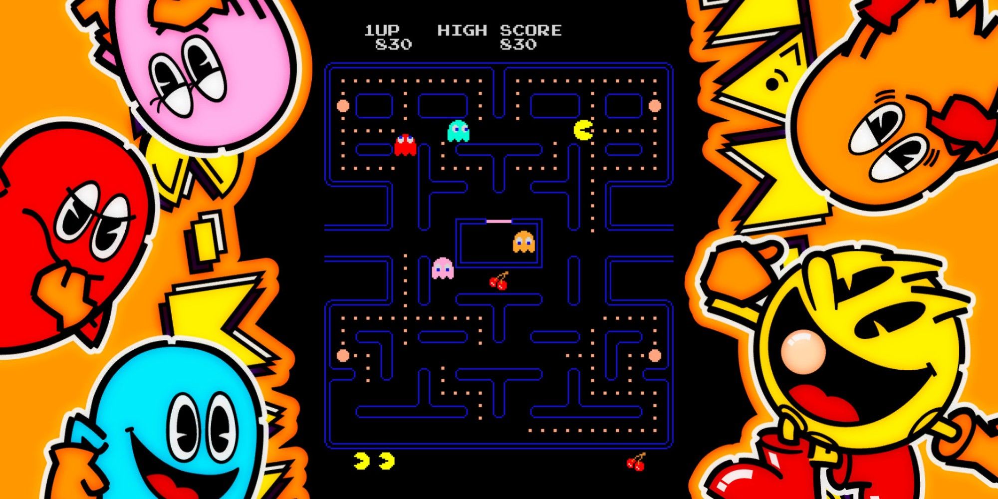 Game of Pac-Man bordered by artwork of characters. 