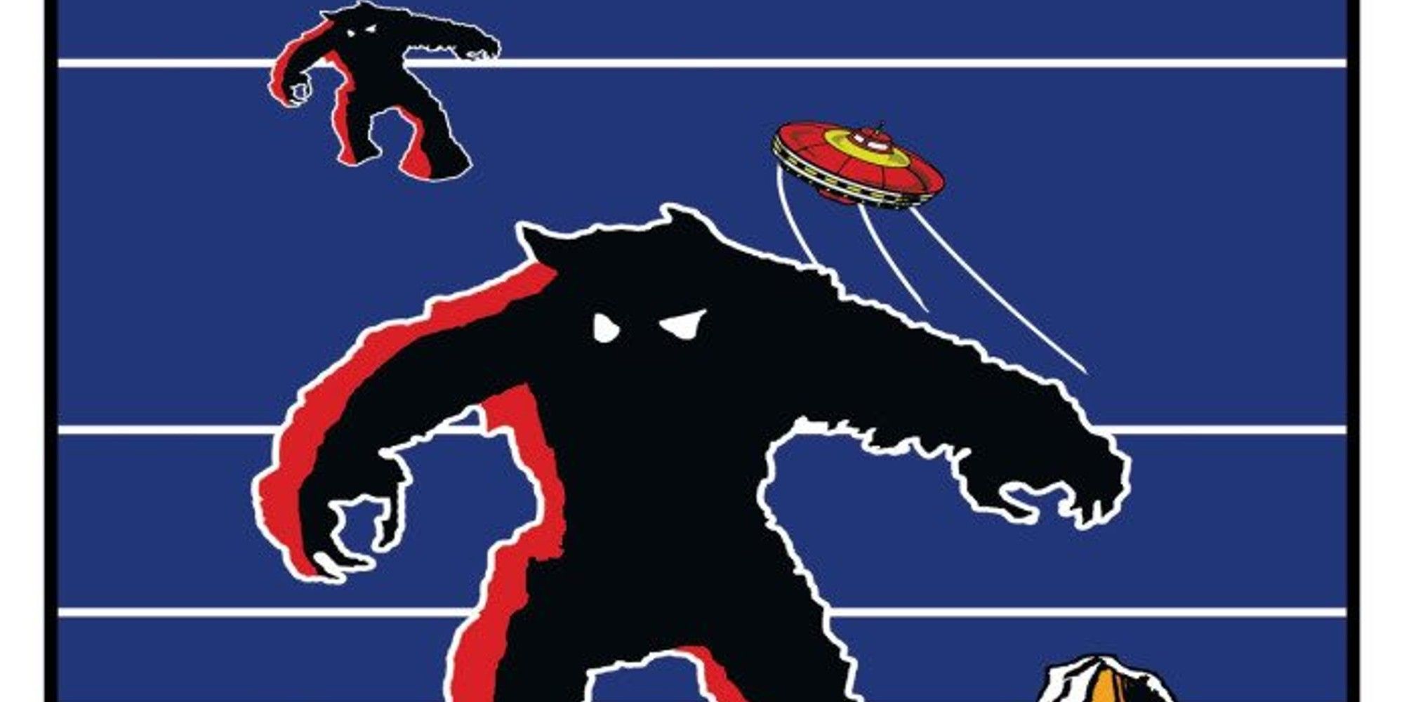 Space Invaders aliens next to a flying saucer. 