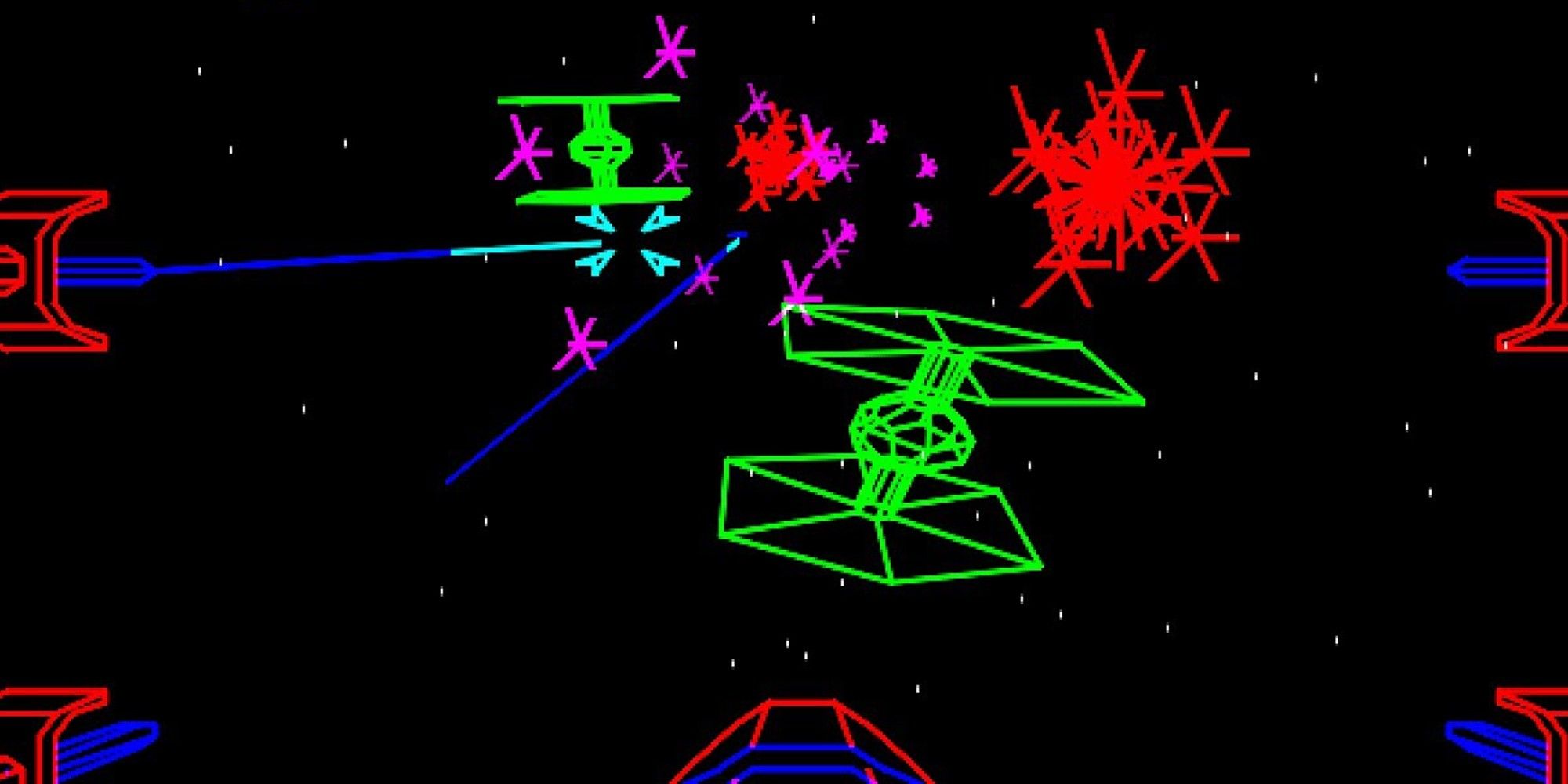 TIE Fighters being shot at by X-wing.