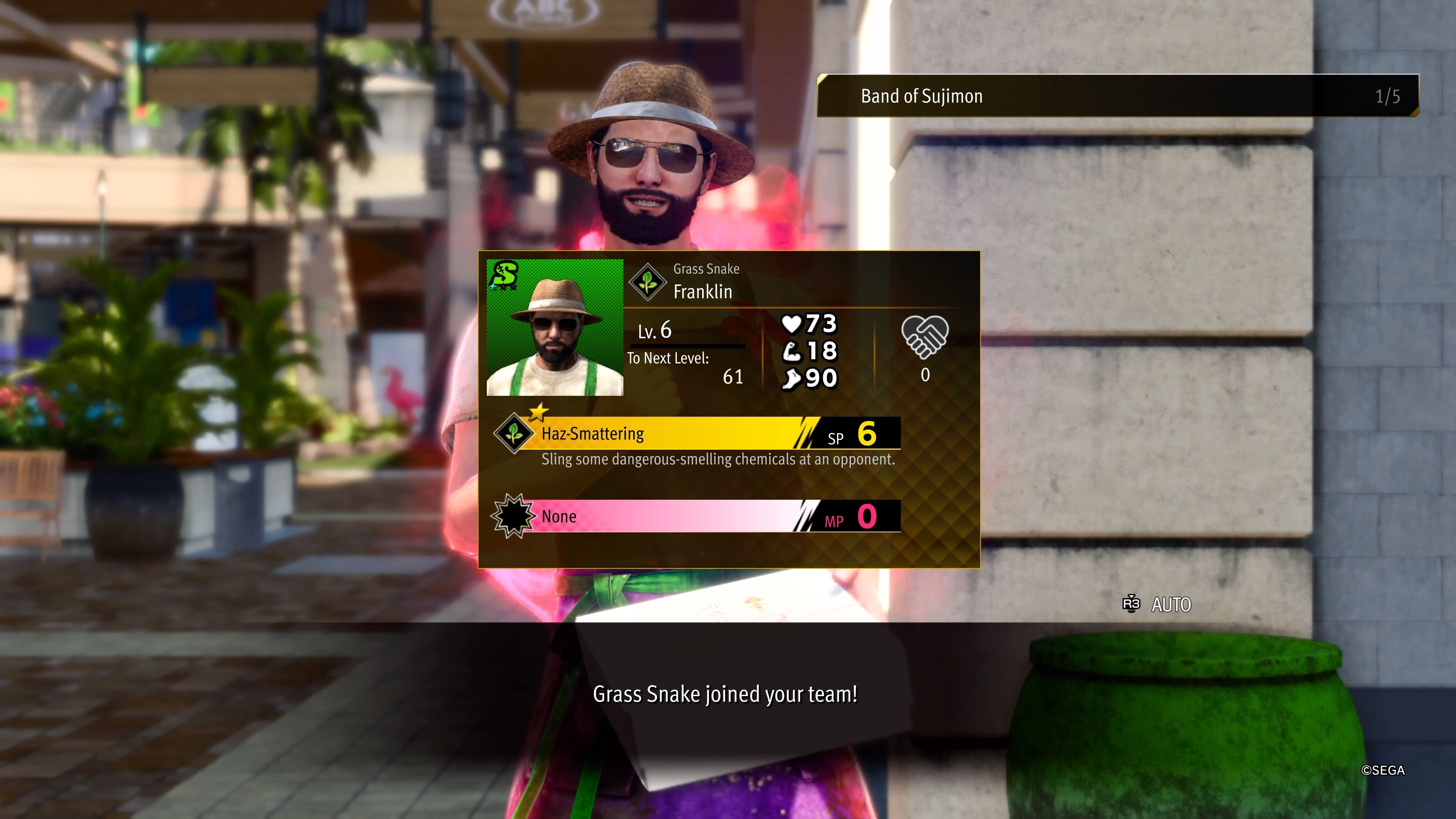 Grass Snake Franklin Sujimon joining the team in Like a Dragon Infinite Wealth.