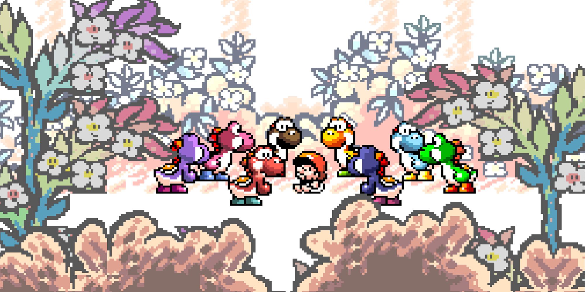A group of Yoshis gathered around Baby Mario in Super Mario World 2: Yoshi's Island.