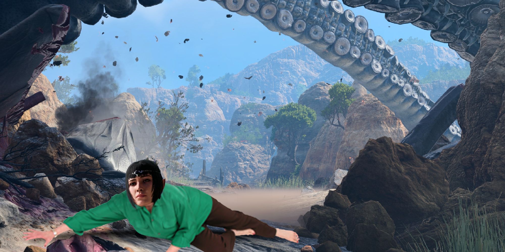 help ive fallen and I cant get up meme with Shadowheart in front of the Nautiloid crash in Baldurs Gate 3 