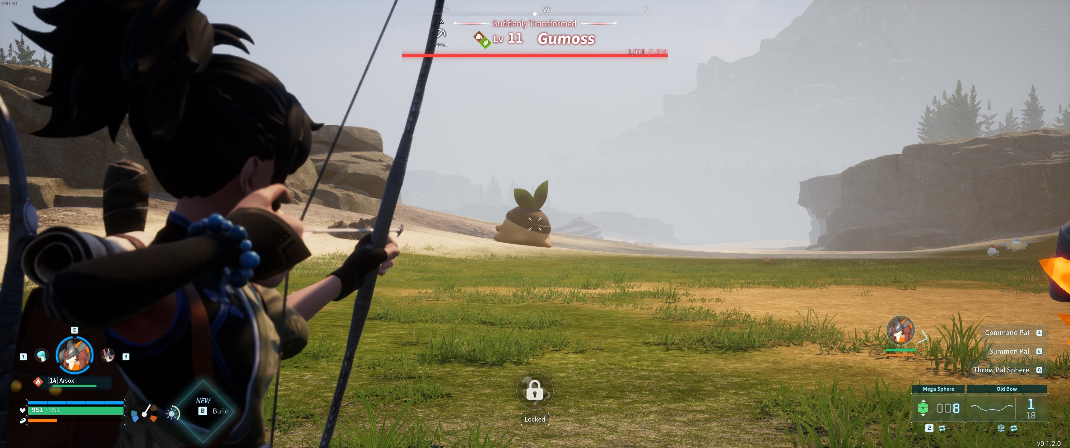 Palworld: The player aims a bow at Gumoss