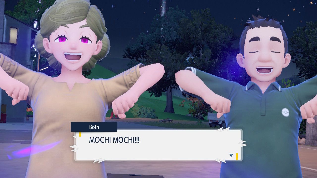 Two villagers with glowing purple auras challenge you to a Pokemon battle.