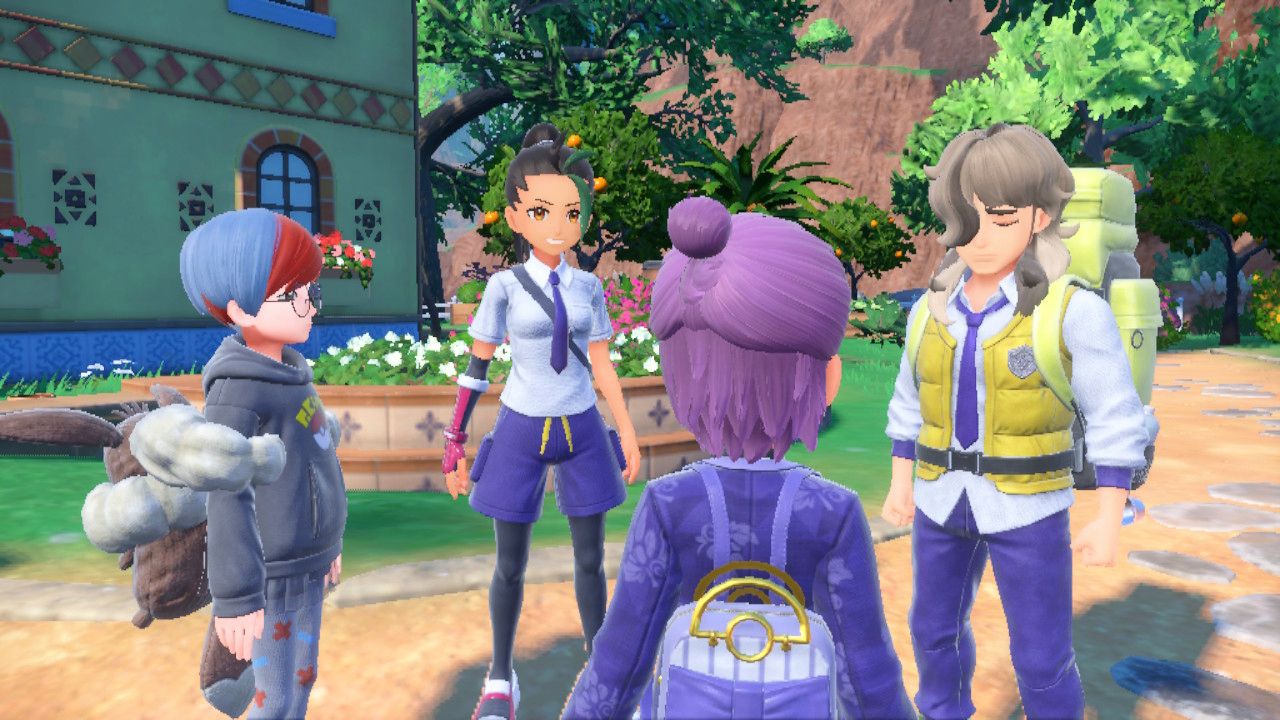 Arven, Nemona, and Penny talk to you in front of your house in Paldea.