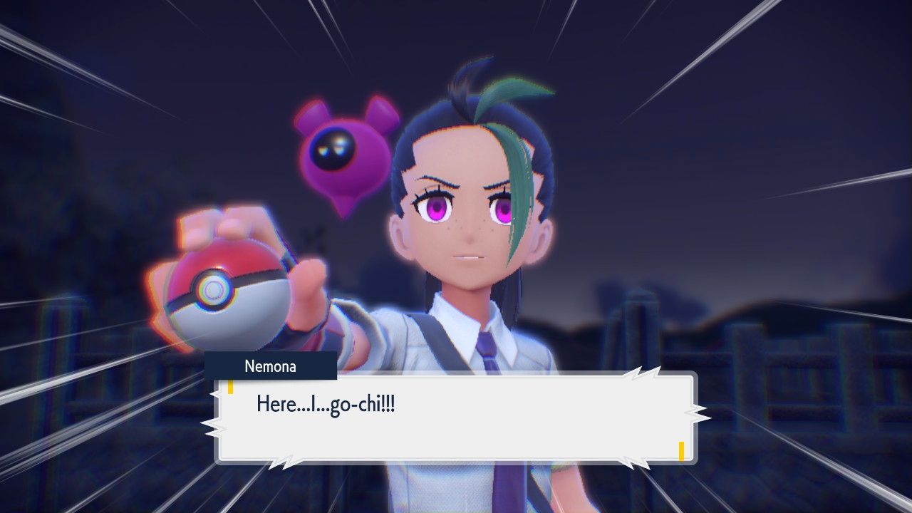 A possessed Nemona challenges you to a Pokemon battle.