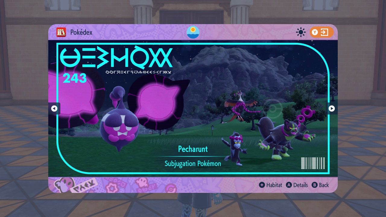 The Pokedex photo for Pecharunt shows it floating near the Loyal Three trio.