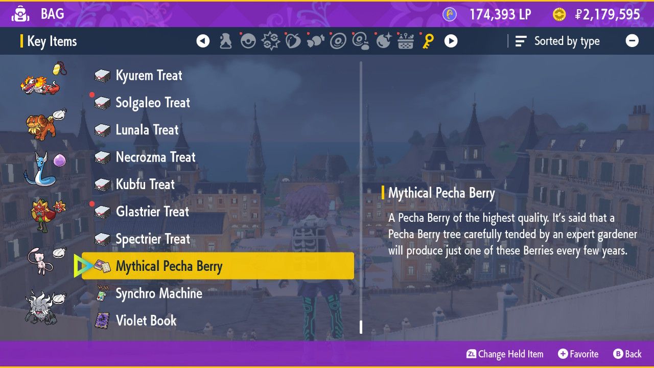 A screenshot of Pokemon Violet's bag menu with the Mythical Pecha Berry highlighted