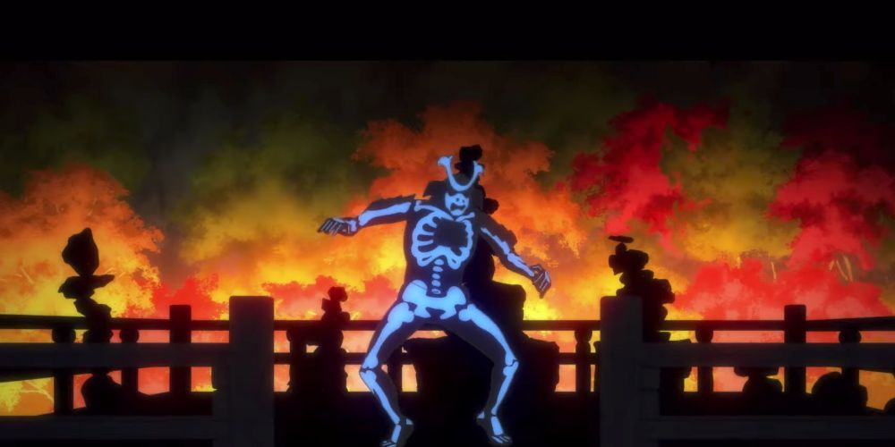 A dark samurai dances against a backdrop of fire, painted with a glowing blue skeleton