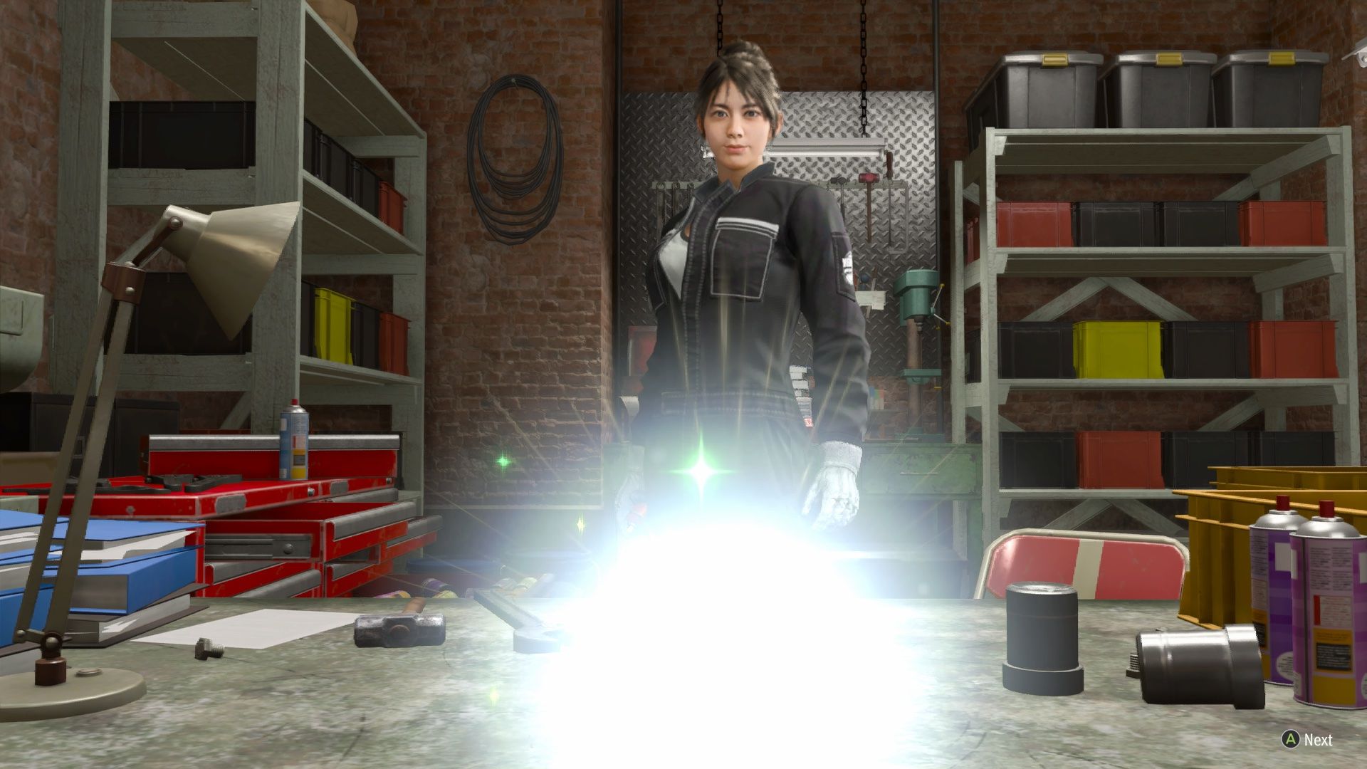 Julie stands over a newly crafted weapon in Like A Dragon: Infinite Wealth.