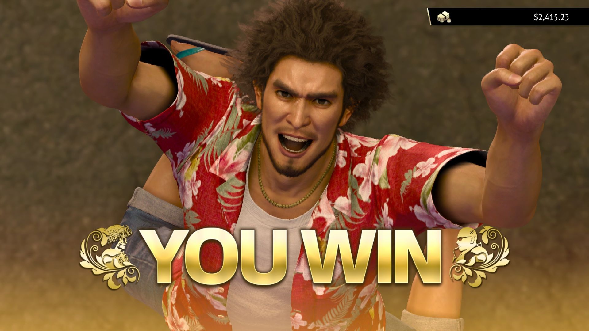 Kasuga celebrates a Sujimon Battle Victory in Like A Dragon: Infinite Wealth.