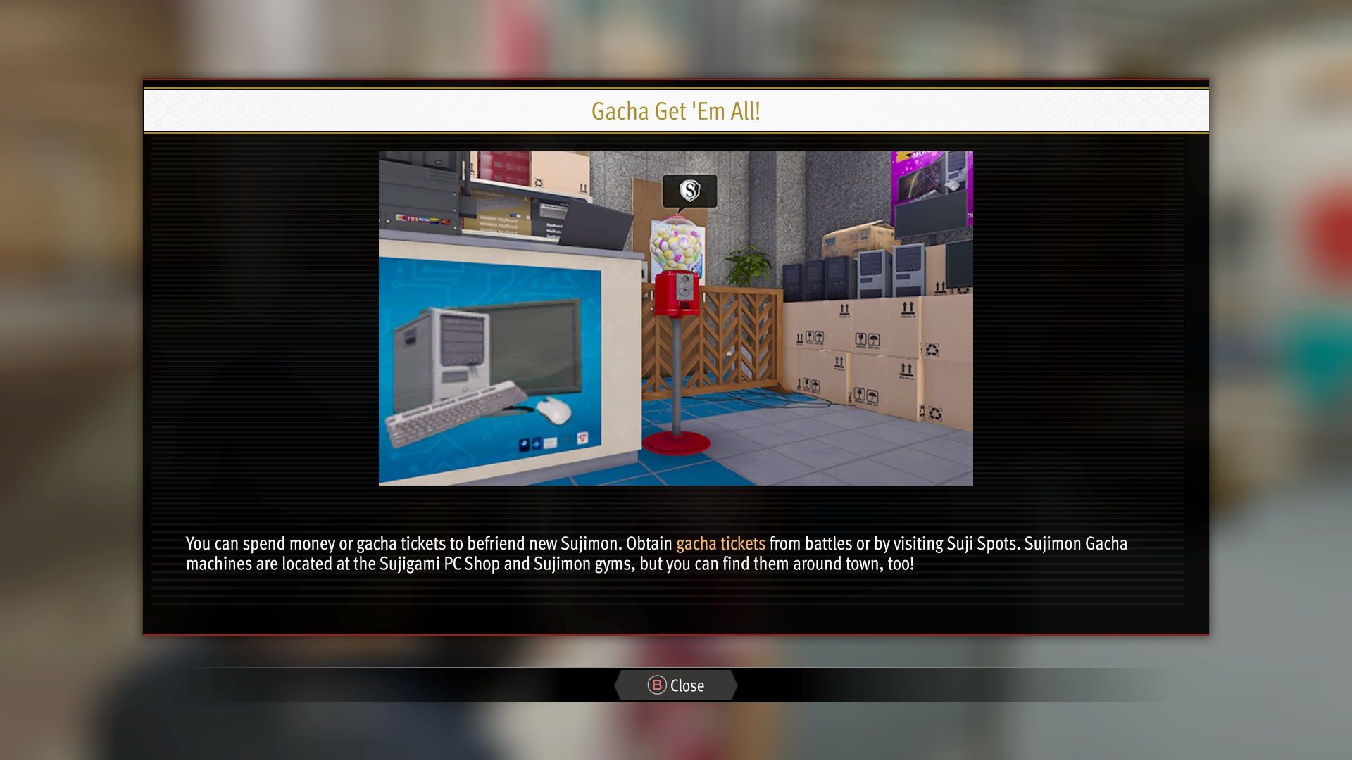 The explanation tutorial screen for the Sujimon Gacha in Like A Dragon Infinite Wealth.